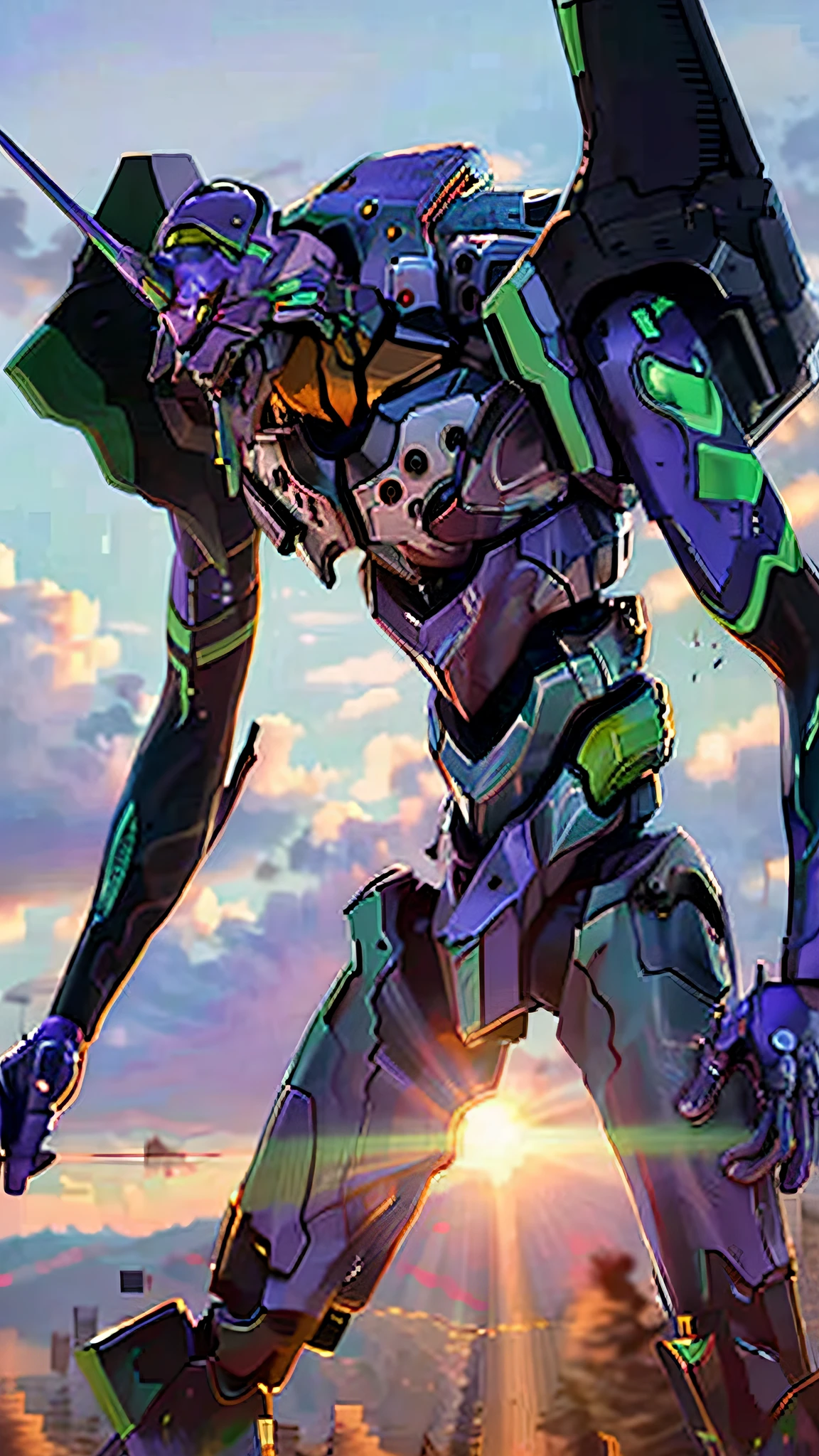 (EVA 01), realistic, evagod, evangelion mecha realistic, Science-Fiction, mirando al espectador, (arte oficial, mejor calidad, obra maestra: 1.2), illustration, high resolusion, hermoso fondo abstracto, futurismo, cyberpunk, intense angle, 8K HDR