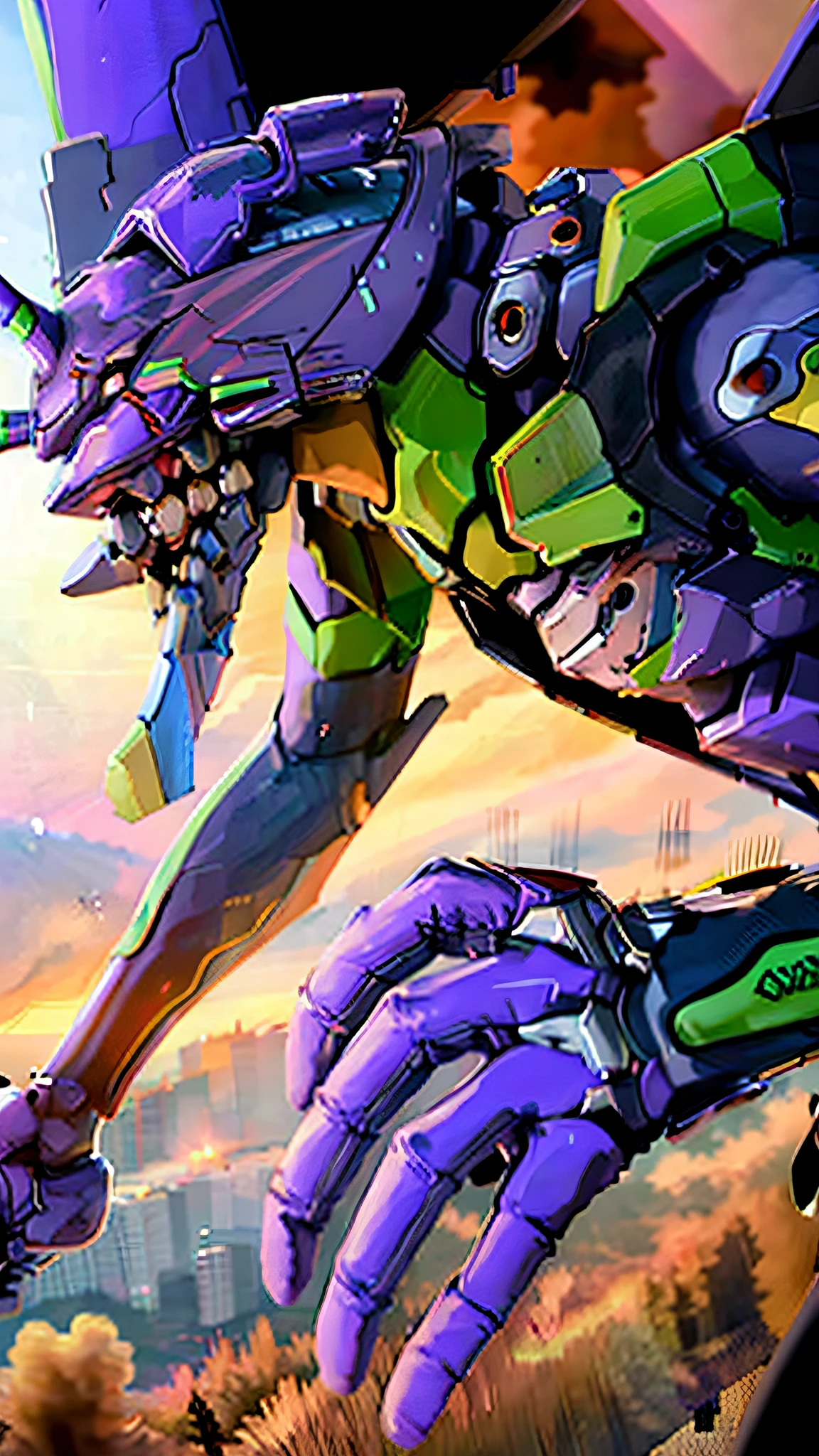 (EVA 01), realistic, evagod, evangelion mecha realistic, Science-Fiction, mirando al espectador, (arte oficial, mejor calidad, obra maestra: 1.2), illustration, high resolusion, hermoso fondo abstracto, futurismo, cyberpunk, intense angle, 8K HDR