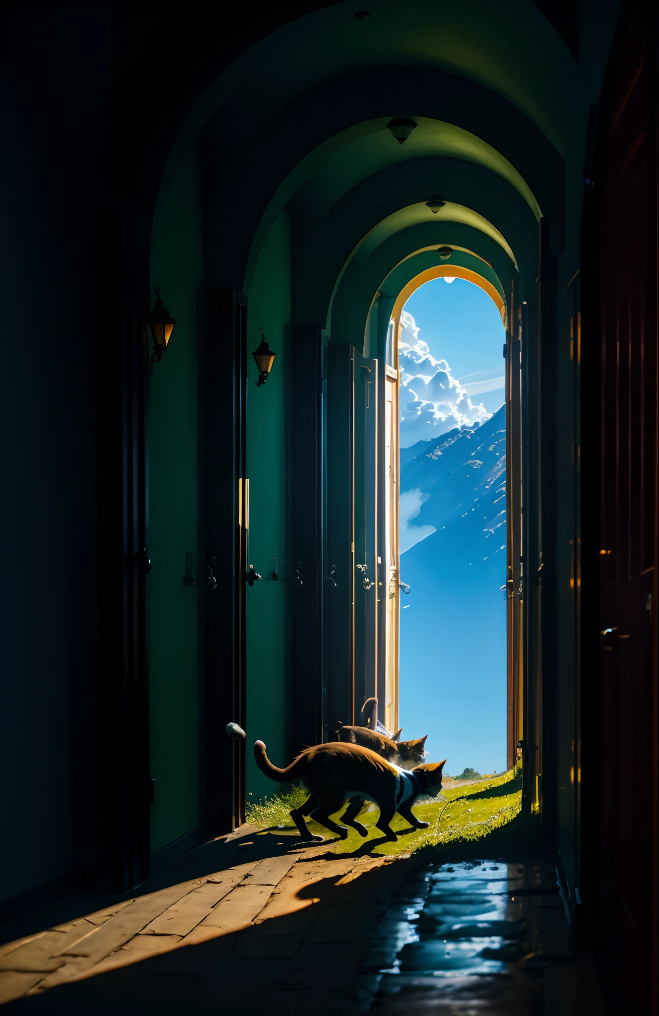 Gatos verdes vestidos de frac corriendo en nubes