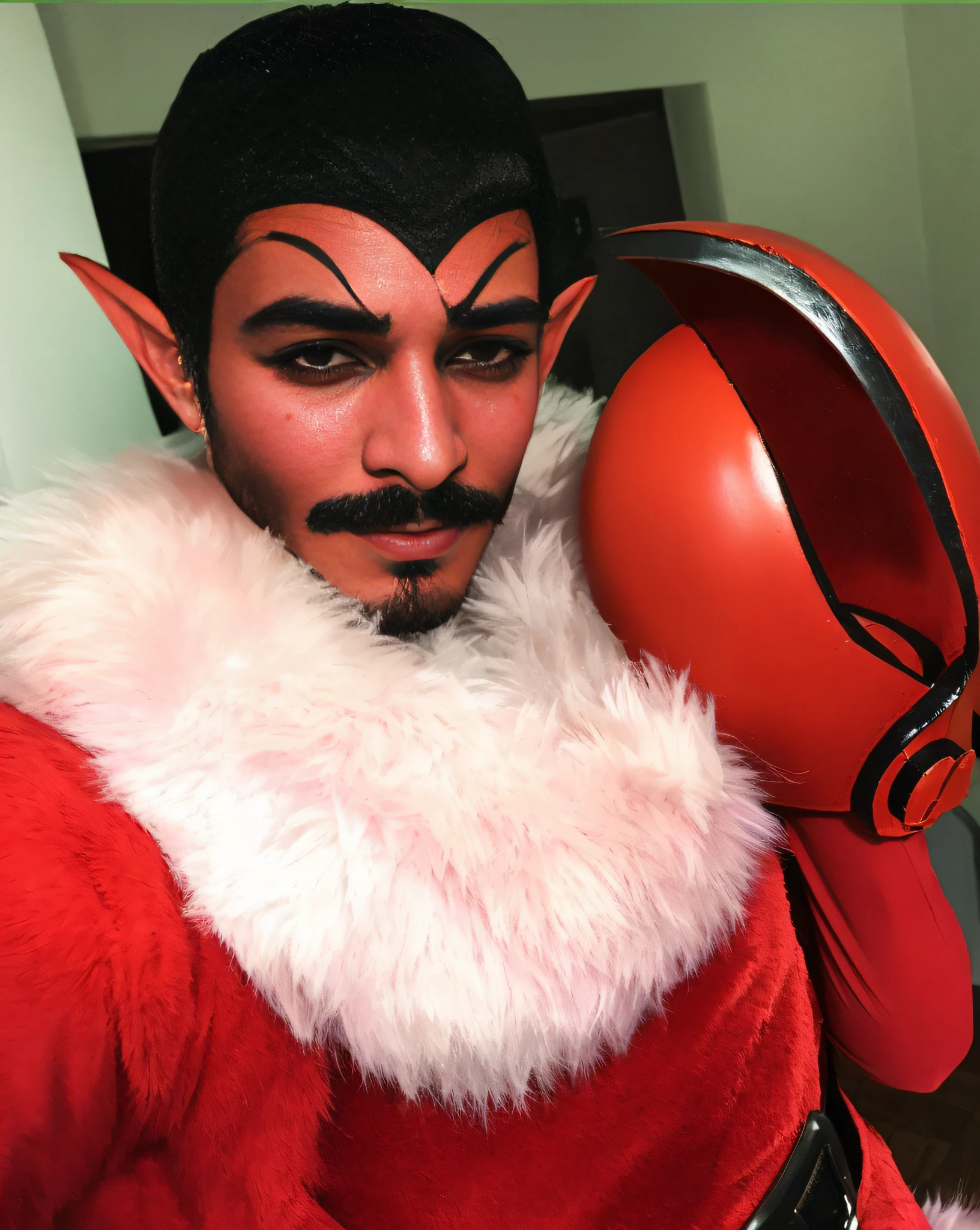 araffe dressed as a devil with a red boxing glove, as an overwatch character, as overwatch character, inspired by Gaston Anglade, cosplayer dressed like a crab, a male elf, villain wearing a red oni mask, male vampire of clan banu haqim, v from devil may cry as an elf, torbjorn from overwatch