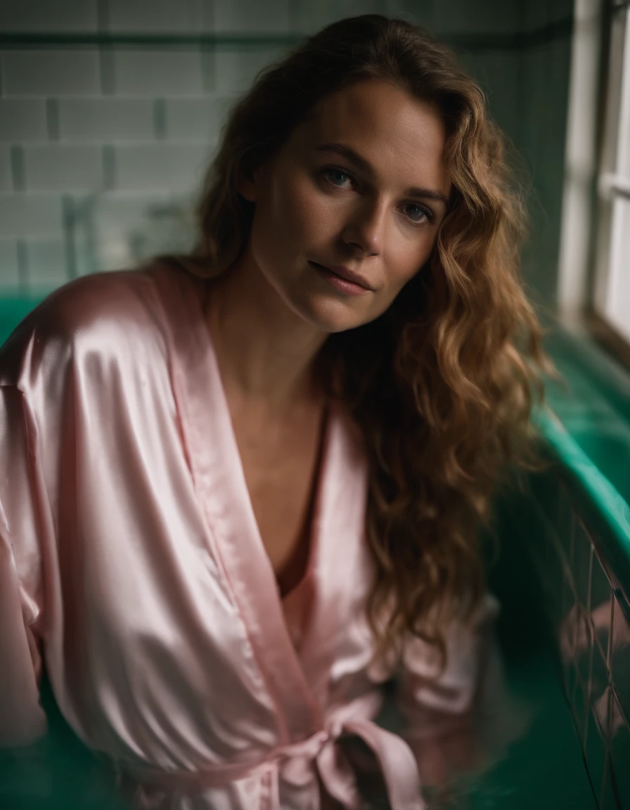 elfie mid shot. En vakker, kraftig bygd, Kind-looking 35-year-old Norwegian woman with long wavy damp hair and some freckles floating in the water in a nice indoor bathtub in a Norwegian cabin, sammen med en overvektig kortklippet gammel mann. He's wearing a pink silk pajama. She wears a wet silky green satin pajamas, med lange ermer og bukser, and a long white satin bathrobe on the outside