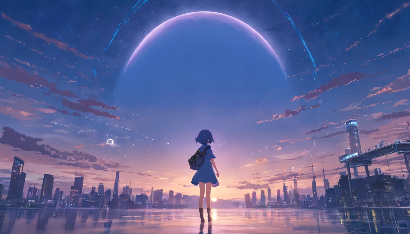 A woman standing in front of a city with a large moon - SeaArt AI