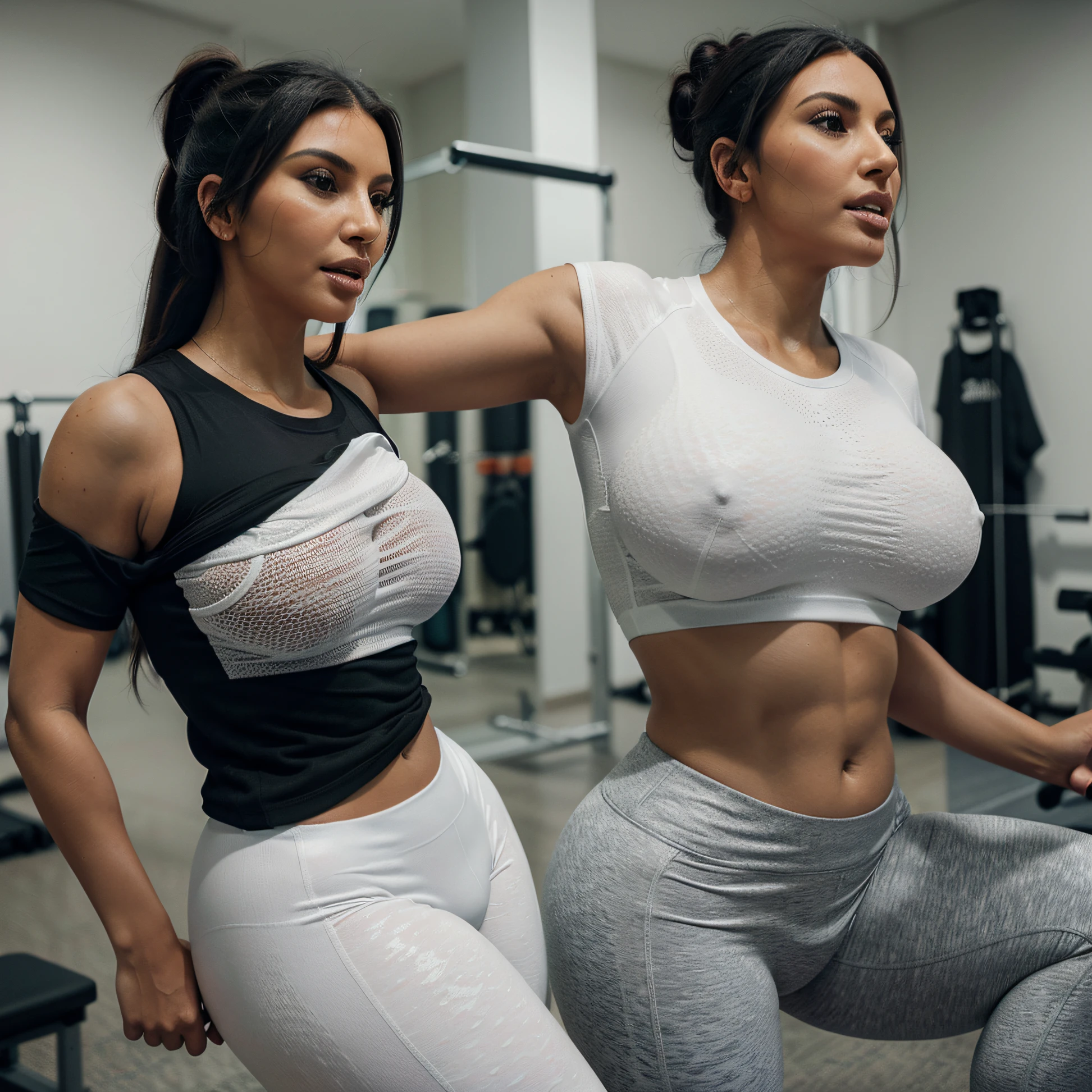 A Realistic photo of a kim kardashian in gym, sports costume, wearing white sports fabric yoga pants and black sports fabric t-shirt, photographed from side, doing excercise (realistic skin:1.3), (textured skin:1.3), (large breasts:1.2), (perfect teeth 1.3), amateur Photography, Photorealistic, Detailed, analog, poor quality, grainy