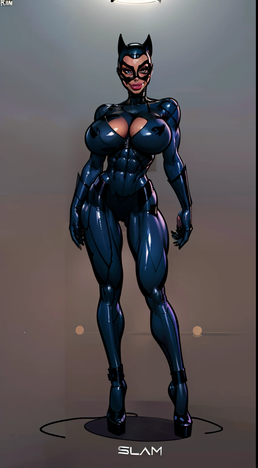 ((Catwoman)), dcau, (gigantic breasts:1.3) , (slendered abs:1.2), smirk, detailed, slim waist, masterpiece, thick legs, Athletic Body , ((gigantic breasts:1.2)) ((rim light:1.6)), ((character sheet)), standing straight, ((mask covers forehead))