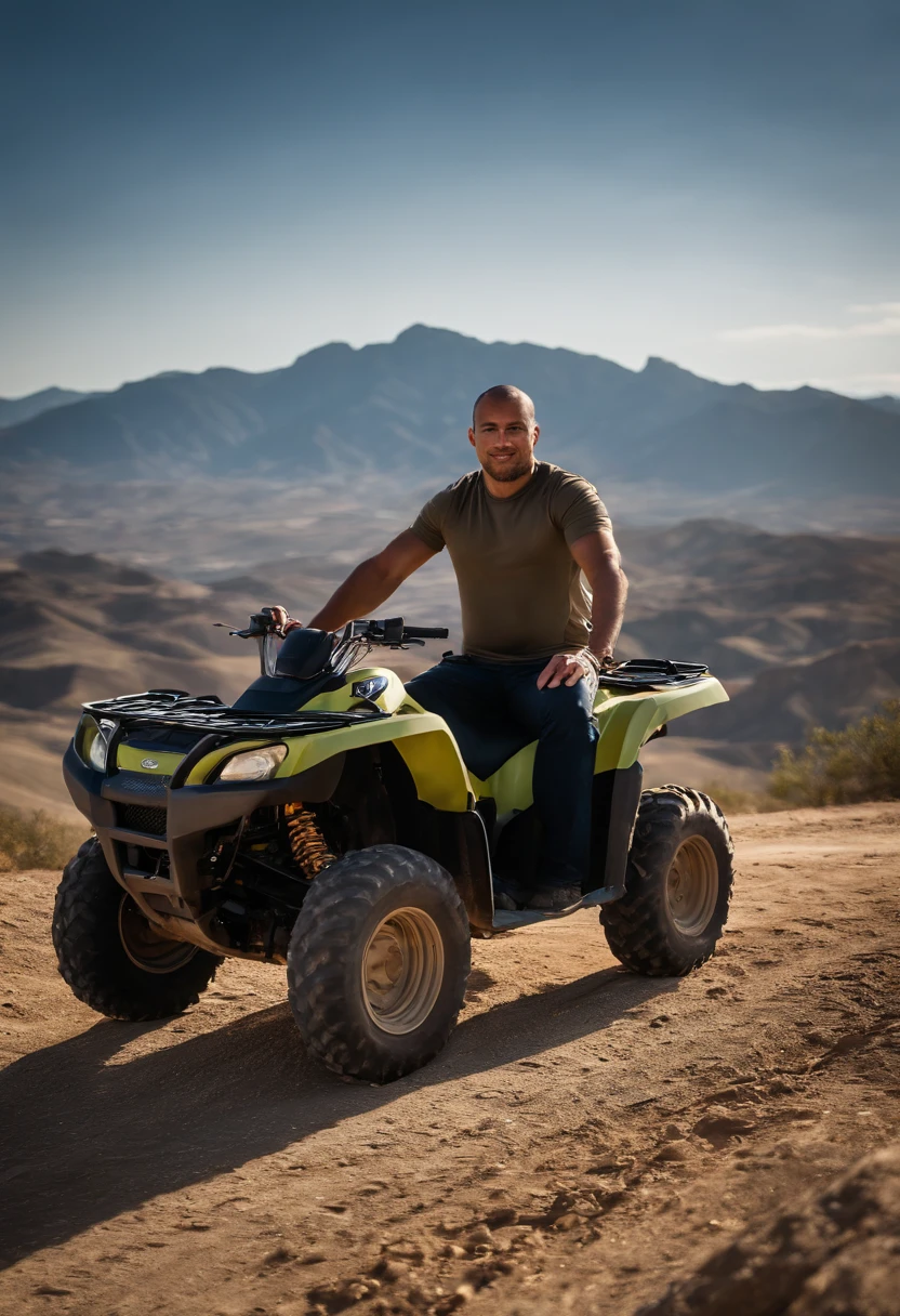 arafed man sitting on a four wheeler in a dirt field, with mountains in the background, on the mountain, hills in the background, beautiful views, with mountains in background, with mountains as background, david rios ferreira, album photo, off-roading, profile image, profile pic, joel torres, andrea rocha, profile picture, on a mountain