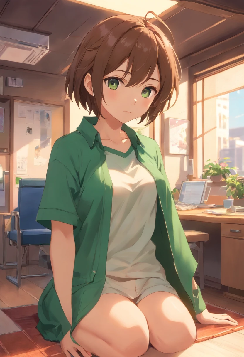 Imagen nsfw, chica joven de pelo verde, trasero grande sujetandolo con sus manos en ropa interior, mira a la camara mordiendose el labio inferior, cuerpo delgado, piel blanca y pezones marcados