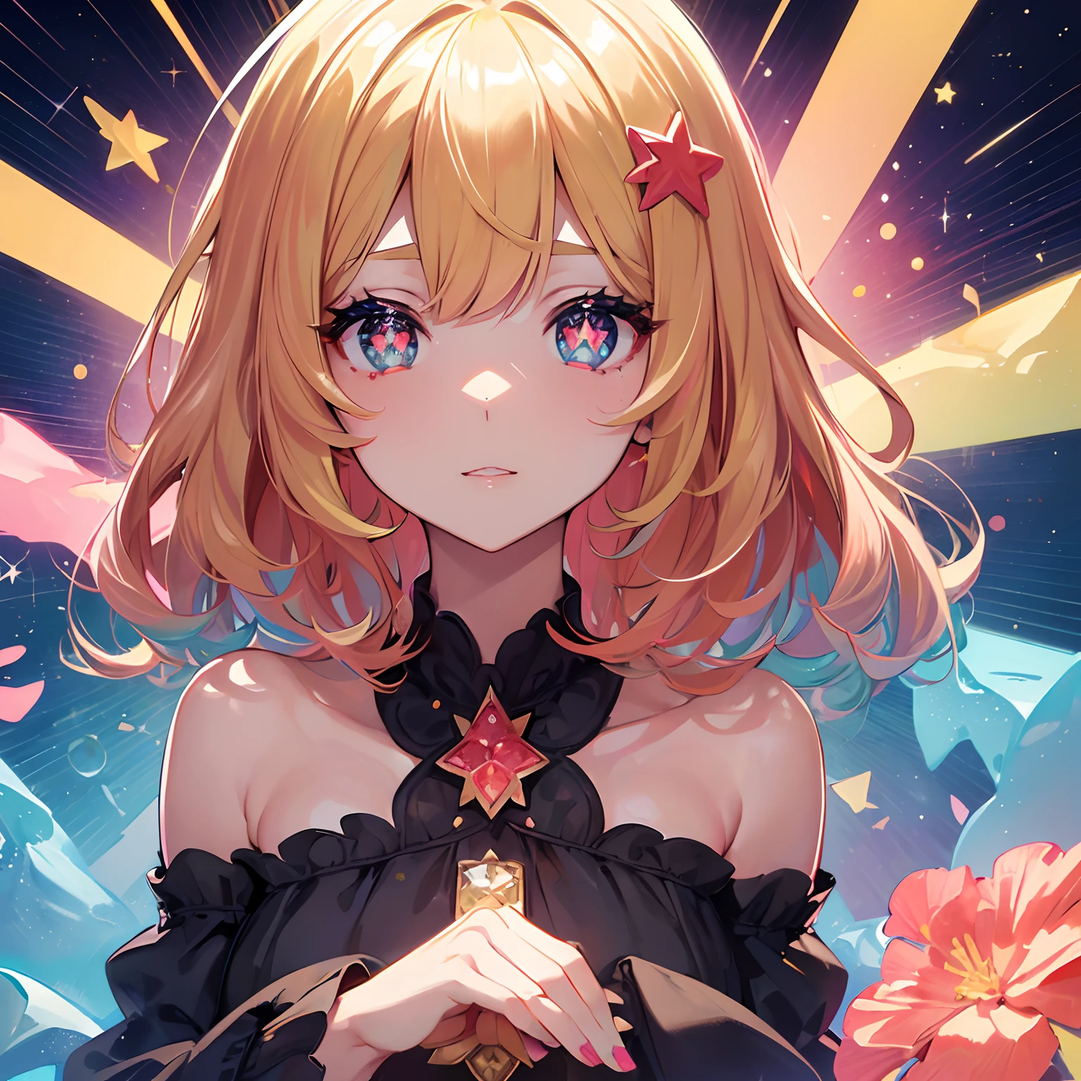 (masutepiece, Best Quality), ((1girl in, (maturefemale) Single-sided Cut Layered Bob, waved hair), (star-shaped pupils, +_+, symbol-shaped pupils, Sparkling eyes)), (Looking at Viewer, lightsmile, off shoulders), (multicolored background, Abstract background, chromatic abberation),, (blonde and coral colored hair: 1.3), ((coral eyes)), ((Beautiful, Detailed eyes, Eyes Like Gems, Shining eyes: 1.3))