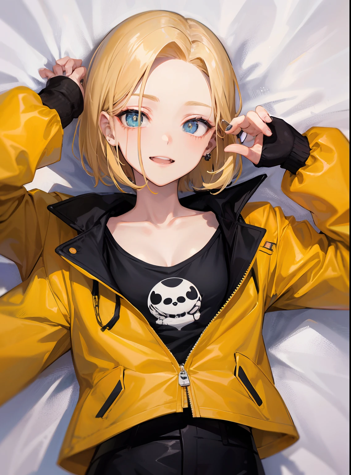 android 18, olhos azuis, cabelo loiro, cabelo curto, jaqueta Amarela, jaqueta, camisa preta, seios pequenos, brincos de aro, solo, Sorrisso Timido
