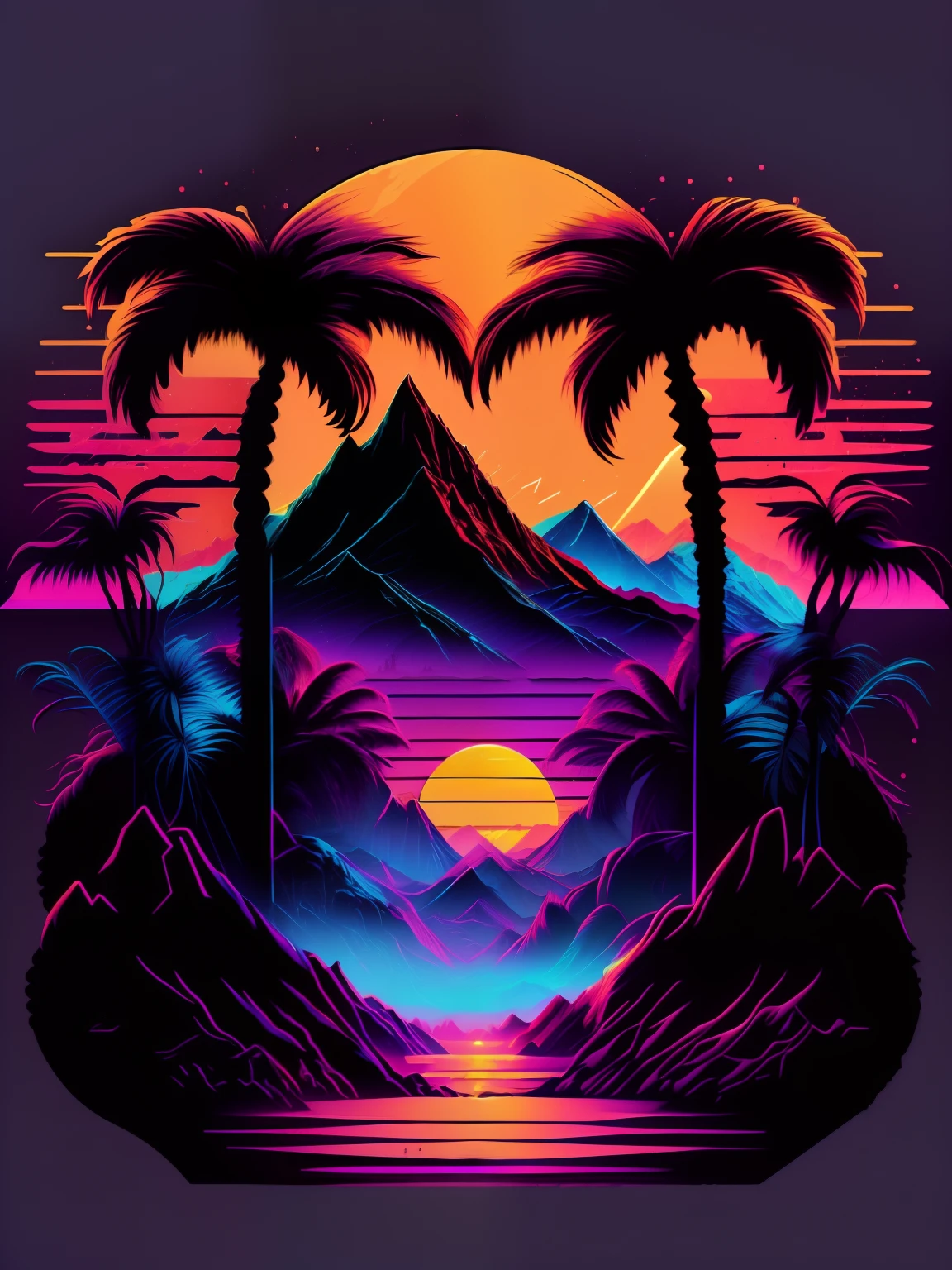 mountains, palm trees and sun, vectorized, synthwave, purple blue red orange, bright neon colors on a dark background,