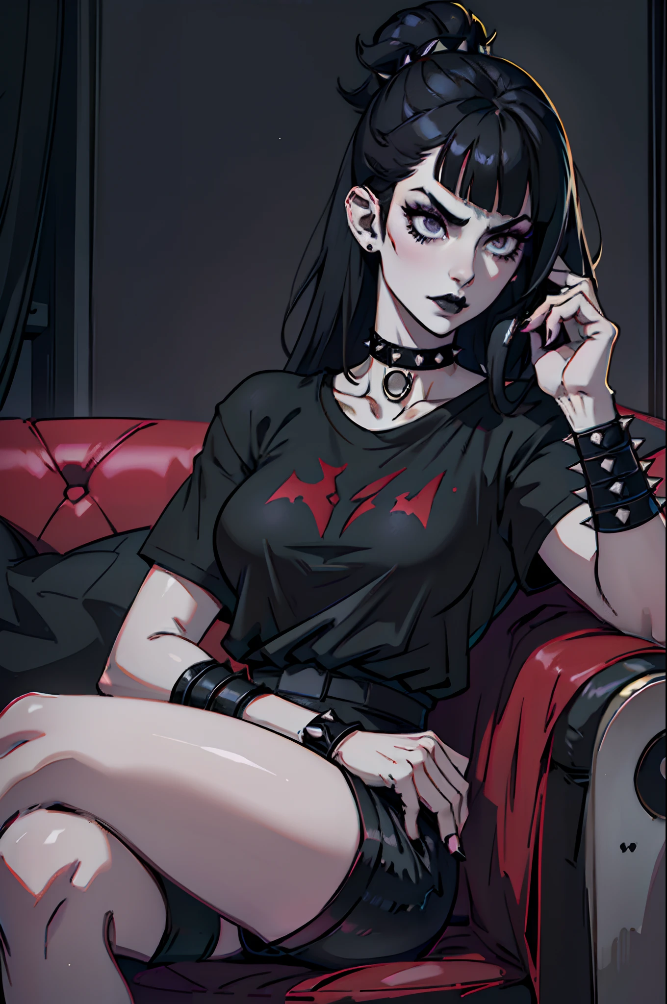 Adult, Female, Black hair, goth girl, gothic aesthetic, goth clothing, goth make up, thick thighs, medium chest, annoyed, disgruntled, sitting in gaming chair, gt racing chair, black and white chair, bedroom, gothic bedroom, aesthetic bedroom, Masterpiece, Accurate, Anatomically Correct, Best Quality, High Details, Detail, Super Detailed, Best detail, Perfect detail, Amazing detail, [-3, 3], perfect hands, best hands, best fingers, perfect fingers, perfect body, best body, amazing body, Looking at viewer, front facing, upper body shot,