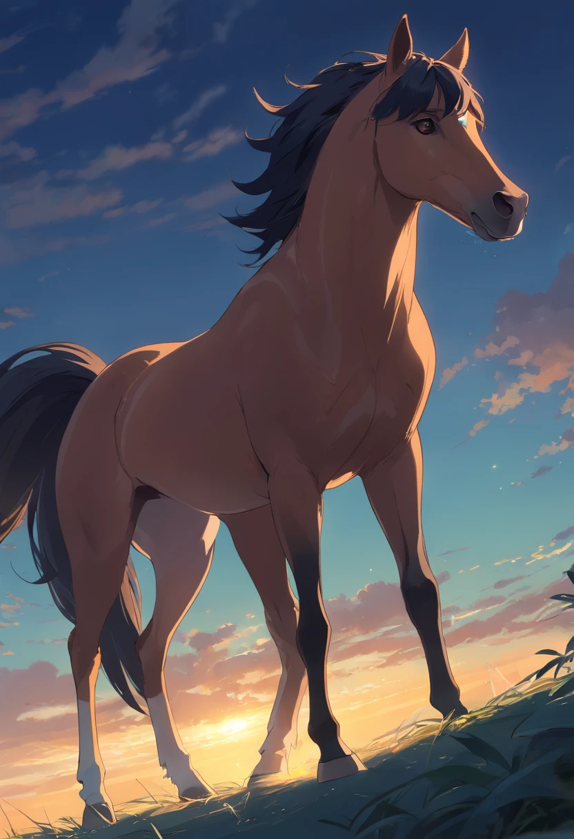 1 animal、equine、full bodyesbian、Side view,motionless, brown body, black mane, black tail, feral,