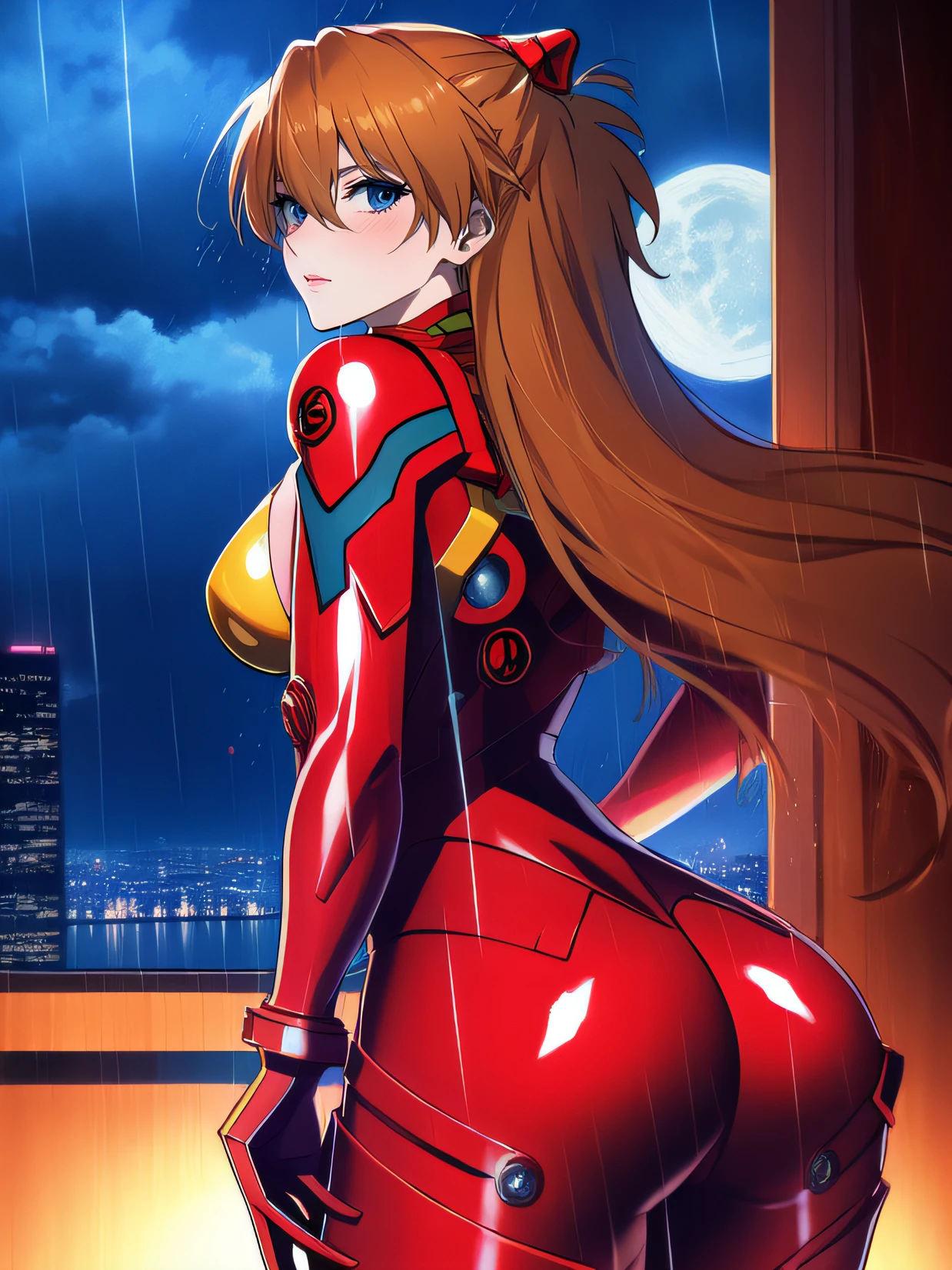 Asuka Langley ,masterpiece, best quality,,city,cyperpunk,night,rain,moon, HUGE ASS, BACK VIEWER, BLUSH, SEDUCTIVE LOOK