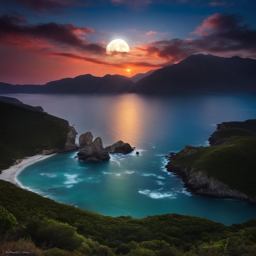 wallpaper, wide view, ocean, mountains, clouds, full moon