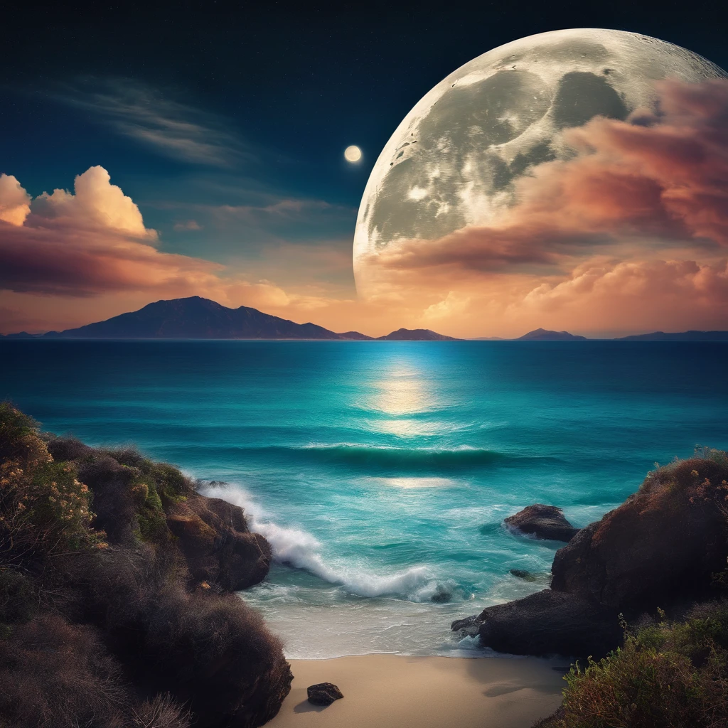wallpaper, wide view, ocean, mountains, clouds, full moon