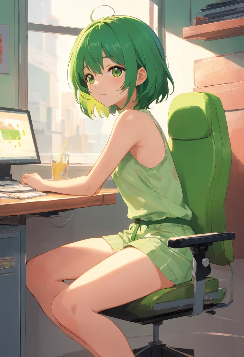 Chica joven, cabello color verde, se encuentra en una silla abriendo las piernas mientras esta completamente desnuda