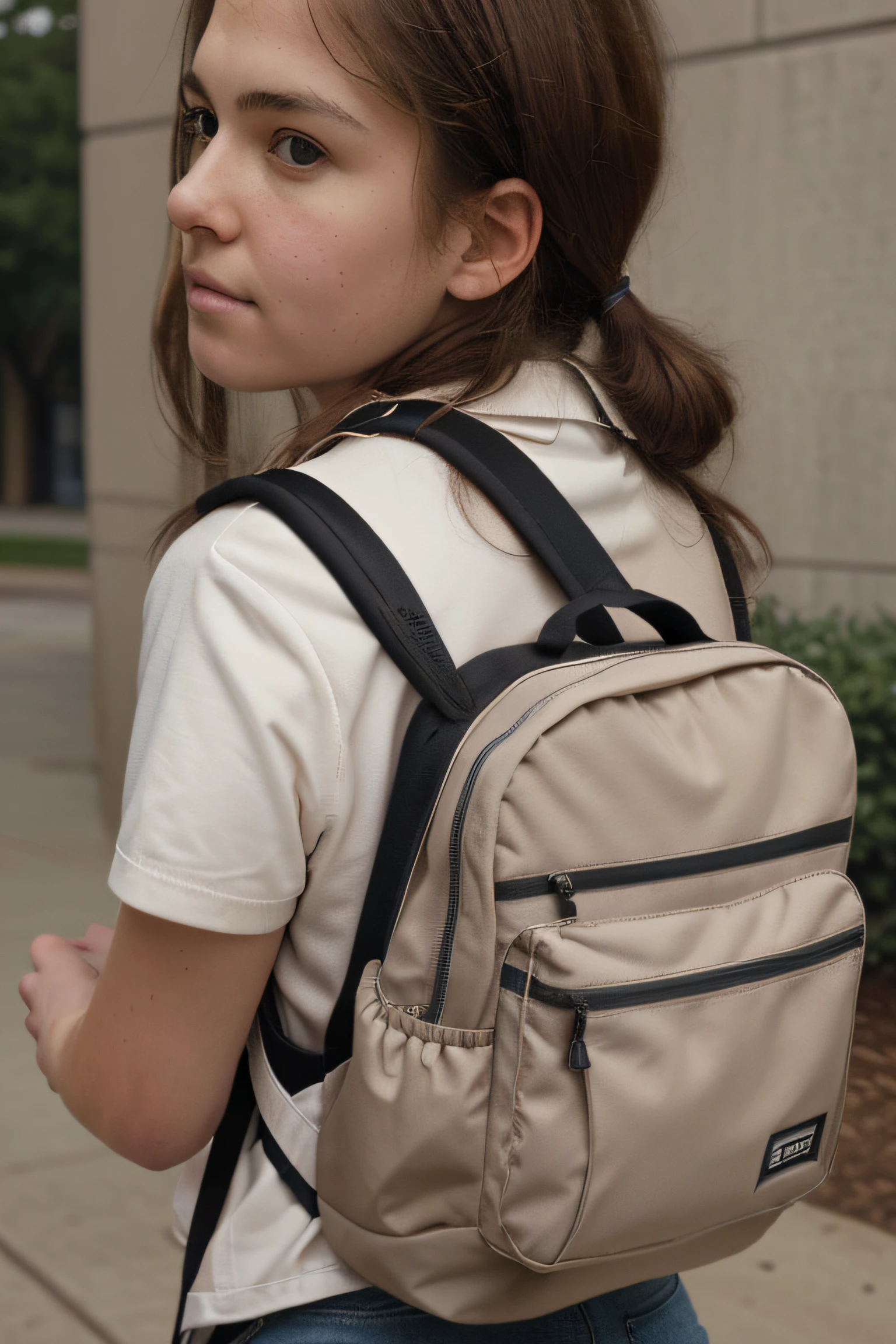 Back of a school backpack, realistic style, precise details, visible fabric texture, prominent zipper, neutral color palette, realistic art style, Audrey Flack, Chuck Close, Richard Estes