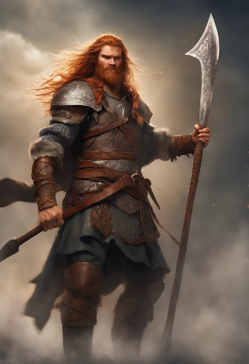 Tall viking man, detailed armor, old engraved leather Cuirass, intricate designs on the Cuirass, intricate Cuirass engravings, imposing and powerful stance, fierce expression, red wild mane braided hair and beard, dynamic pose, intense battle scene, fantasy setting, vibrant colors, dramatic lighting, epic atmosphere, mythical creatures in the background, axe and shield, attention to anatomy and facial features, iconic use of highlights and shadows, capturing emotion, masterful composition, portraying strong female characters. (best quality, 4k resolution, highres, ultra-detailed, photorealistic:1.37), HDR lighting, studio-quality rendering, professional-quality artwork