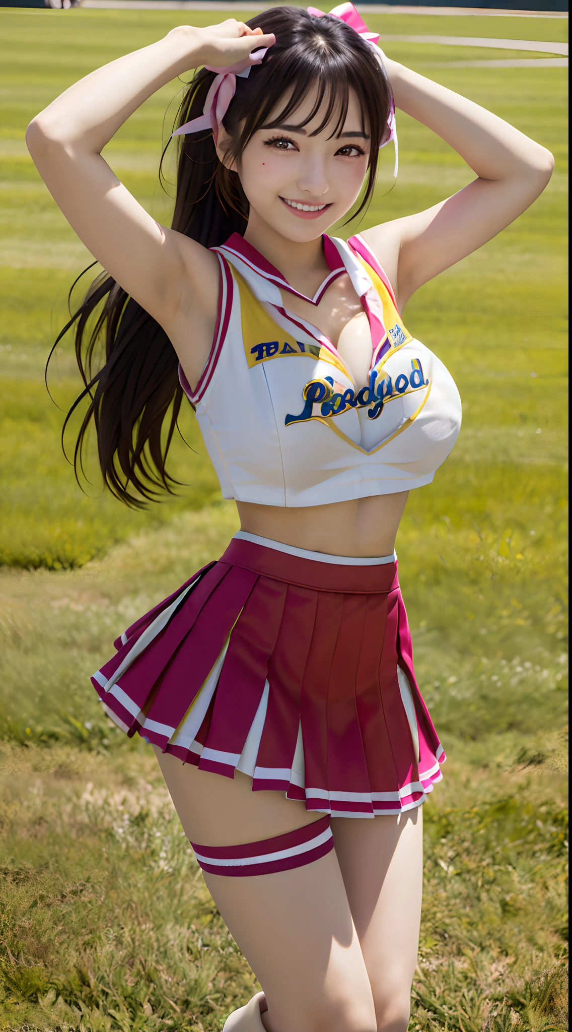 (in 8K, 超A high resolution, Best Quality, masutepiece:1.1),(18year old:1.1)、in 8K、RAW portrait of japanese girl、Photorealsitic、超A high resolution、top-quality、hi-school girl、(Cheerleading Club、Cheerleader Uniforms、pleatedskirt、I can see my panties、quite massive chest、Pretty big breasts:1.4)(Black hair long hair、dance、Lively dance、Mature and beautiful face:1.2)、Cute smile、Tback panty、espadrilles、High School Lawn Ground