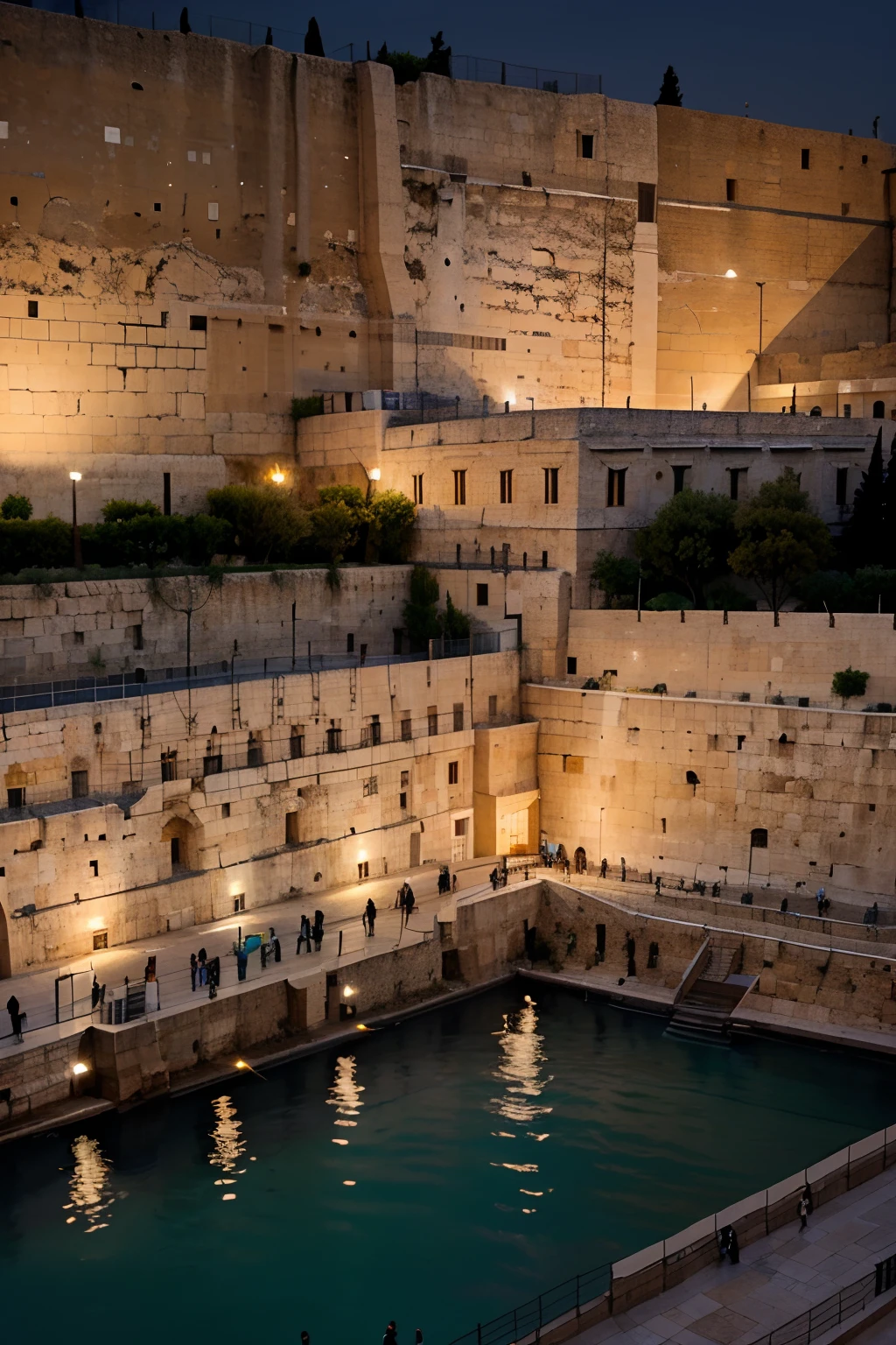 Create visualization of a building with a view of the Western Wall. Use night time. Highlight the Western Wall Region