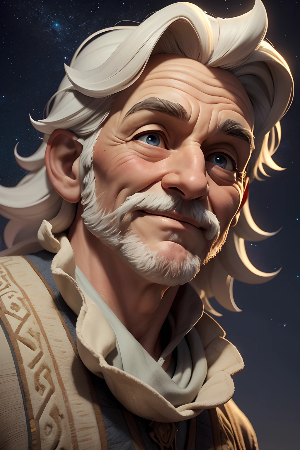 The old man throws his head back and looks up at the huge stars in the night sky. Enigmatic smile. Clouds around the edges, Ancient Biblical Setting, 3D cartoon in the style of Disney Pixar. Close-up from bottom to top. blurred background. Light haze
