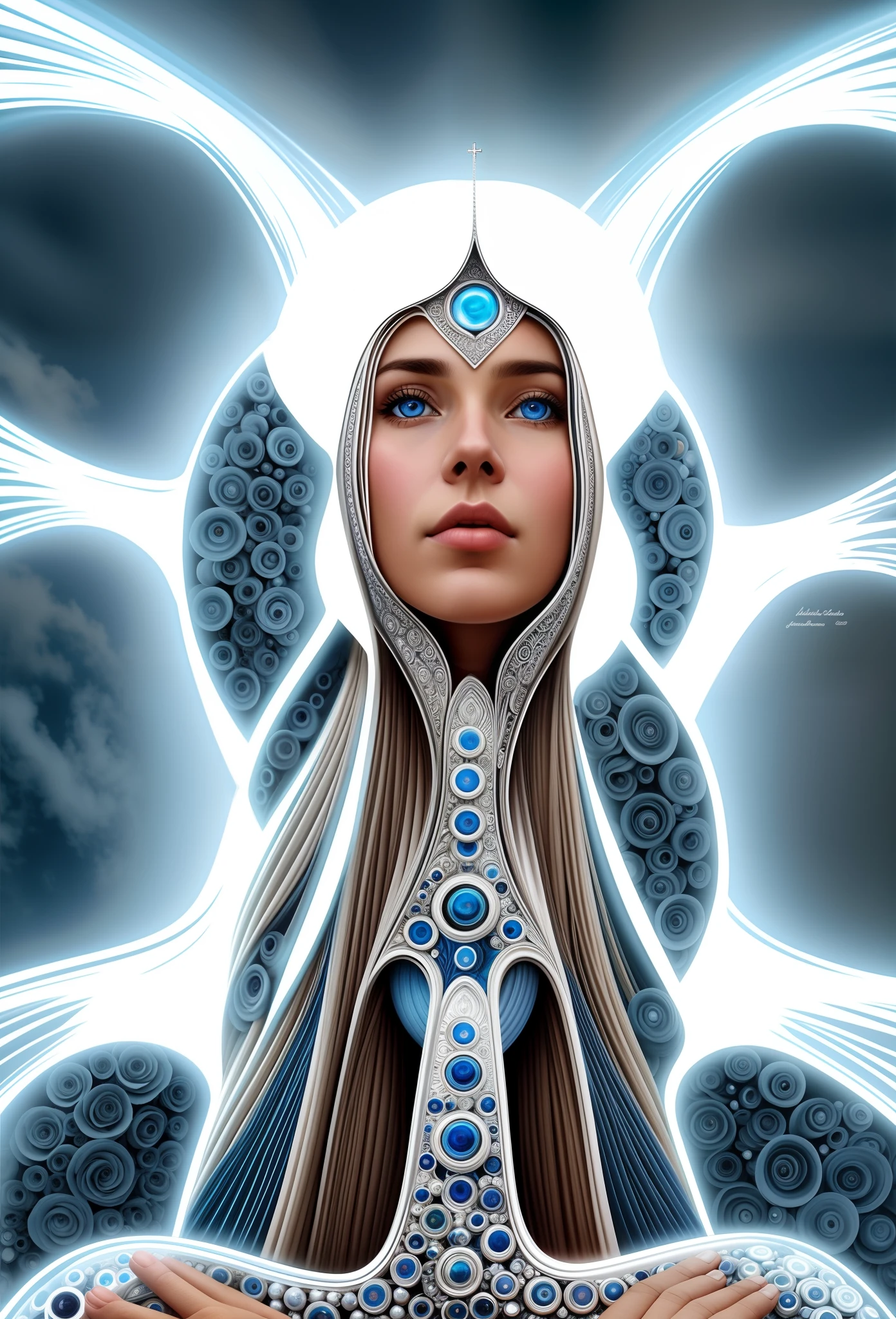 There is a woman with a blue eye and a white dress, bela sacerdotisa ciborgue, Deusa ciborgue no cosmos, Retrato de uma mulher sci - fi, retrato bonito sci - fi girl, mulher nobre ciborgue, retrato futurista da mulher, mulher ciborgue bonita, uma imagem de um belo ciborgue, mulher ciborgue, mulher humanoide, por Amanda Sage, Retrato do humanoide feminino
