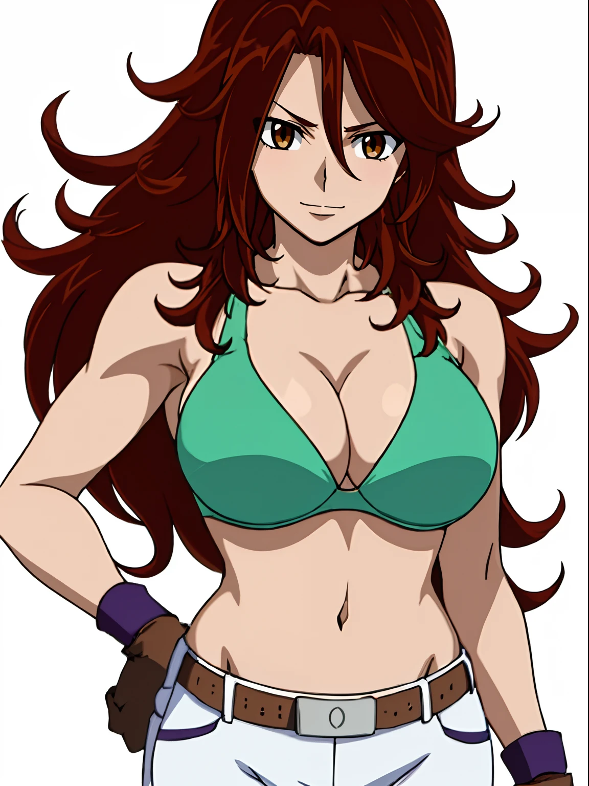Flexing arm muscles, Karate stance, ((solo)), Best Quality, hires, curvy midsection, (tilt head, defined weak muscles, detailed muscles), smile, happy), upper body only, anime style: 1.8, anime drawing, ultra detailed face, ultra detailed body, 4k, Sumergai Lee Noriega, karate stance, best quality, anime style, hires, highest definition, digital blending, bold drawing lines, (((White Background))), ( (defined muscles), long attractive belly, slim body, ((strong arm muscles)), broad shoulders , off-shoulders, closed fists, (two bras, shorts, white gloves, , arm band, (champion belt))), (large breasts, defined cleavage, closed mouth, big bellybutton, shiny skin), (big eyes, brown eyes, shiny eyes), (reddish hair, loose hair, curly hair, wavy hair, long hair, floating hair)