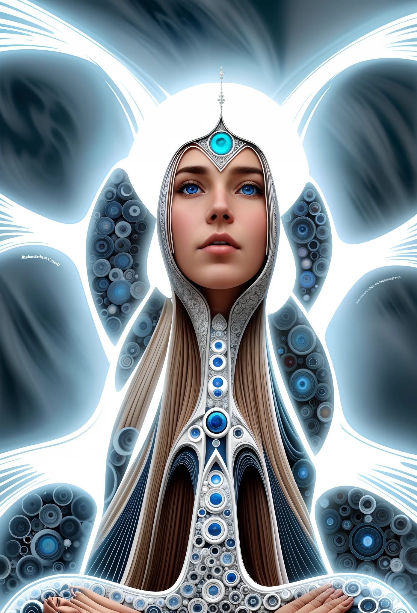 There is a woman with a blue eye and a white dress, bela sacerdotisa ciborgue, Deusa ciborgue no cosmos, Retrato de uma mulher sci - fi, retrato bonito sci - fi girl, mulher nobre ciborgue, retrato futurista da mulher, mulher ciborgue bonita, uma imagem de um belo ciborgue, mulher ciborgue, mulher humanoide, por Amanda Sage, Retrato do humanoide feminino