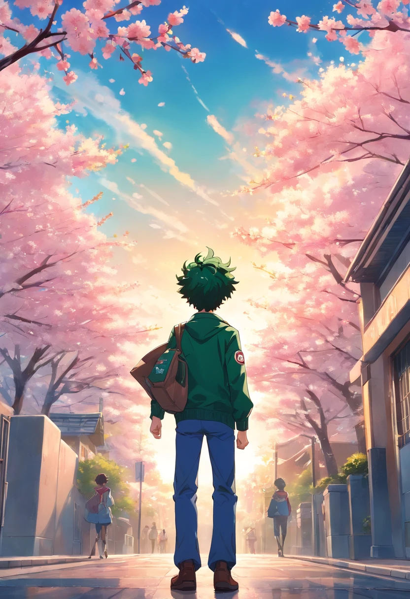 Create a Kohei Horikoshi-inspired movie poster "My Hero Academy" style, featuring Deku in his hero uniform looking straight ahead on Cherry Blossom City, With your back to the camera