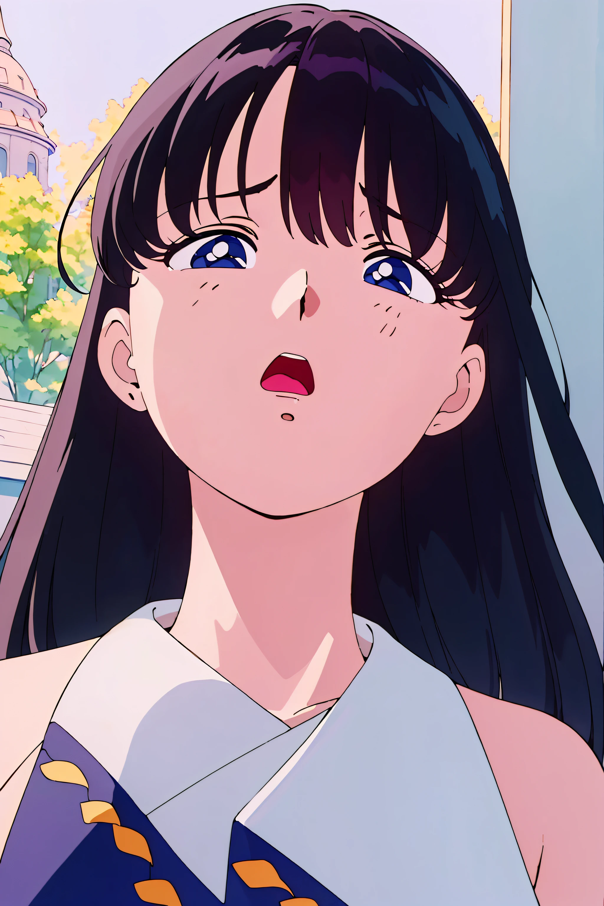 top-quality、​masterpiece、One girl looking up、looking at the viewers、城市、Random hair color, (((close up of face))), (((Huge open mouth))), (((upper view,)))