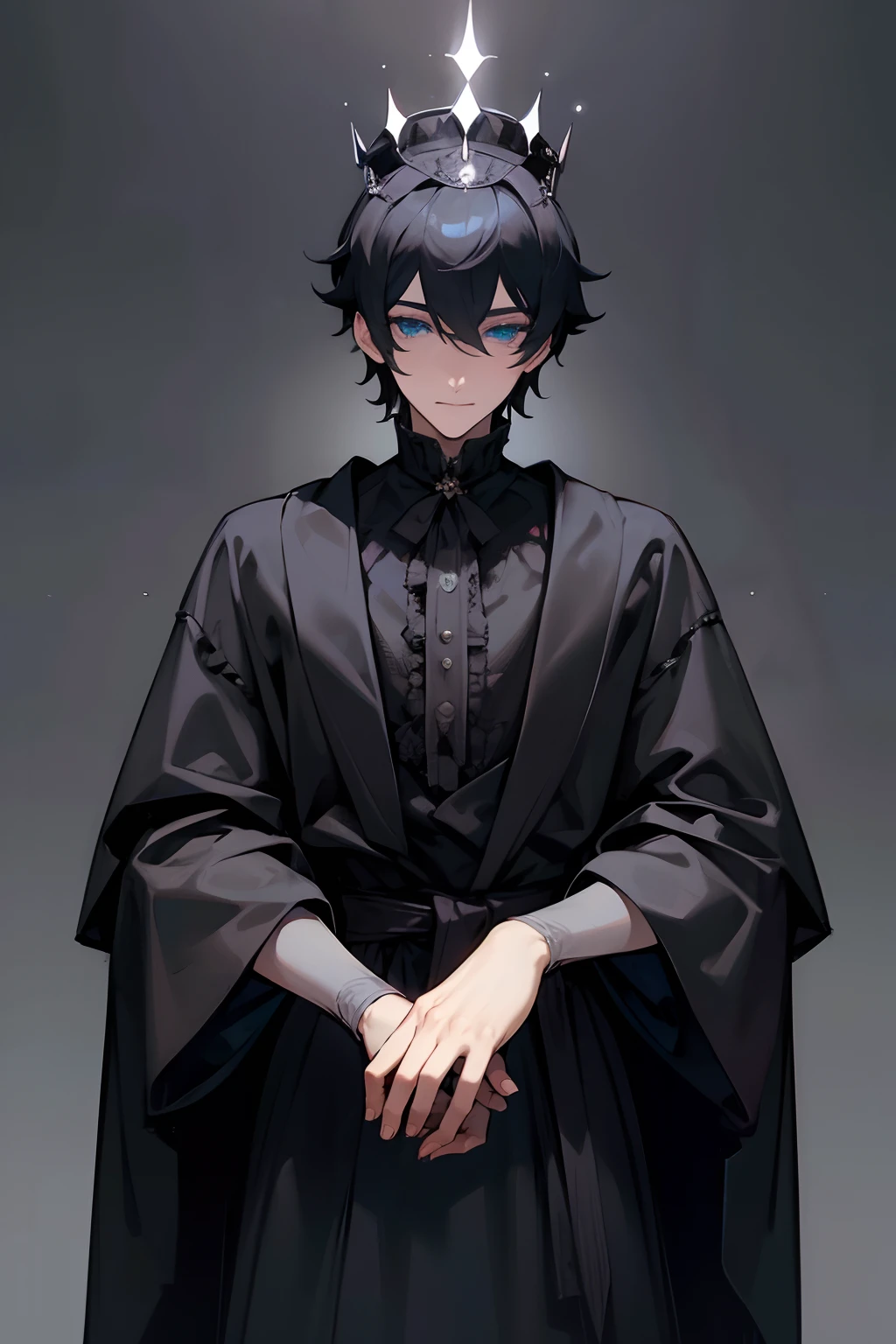 man, he is a king with a crown, background is in a castle, black crown, short black hair, blue eyes, gothic clothes, black clothes, handsome, mature, aloof, intelligent, strong, in love, handsome eyes, no hands