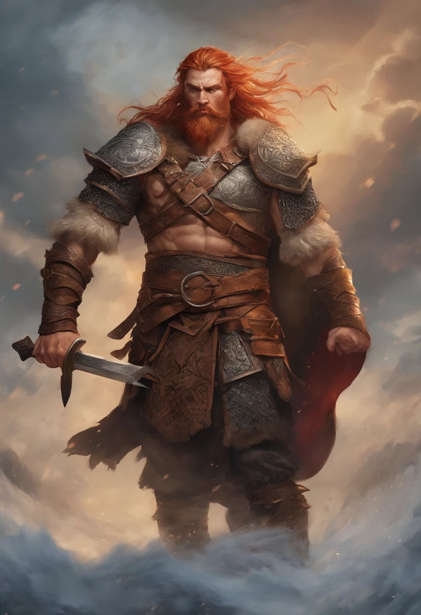Tall viking man, detailed armor, old engraved leather Cuirass, intricate designs on the Cuirass, intricate Cuirass engravings, imposing and powerful stance, fierce expression, red wild mane braided hair and beard, dynamic pose, intense battle scene, fantasy setting, vibrant colors, dramatic lighting, epic atmosphere, mythical creatures in the background, sword and viking shield,  attention to anatomy and facial features, iconic use of highlights and shadows, capturing emotion, masterful composition