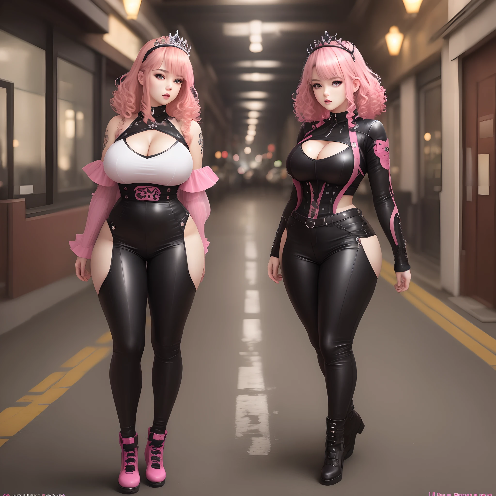 Thick curly short blonde and pink hair, sharp dark brow eyes, busty, thick, full body, edgy clothes, Tiara, even eyes, even face