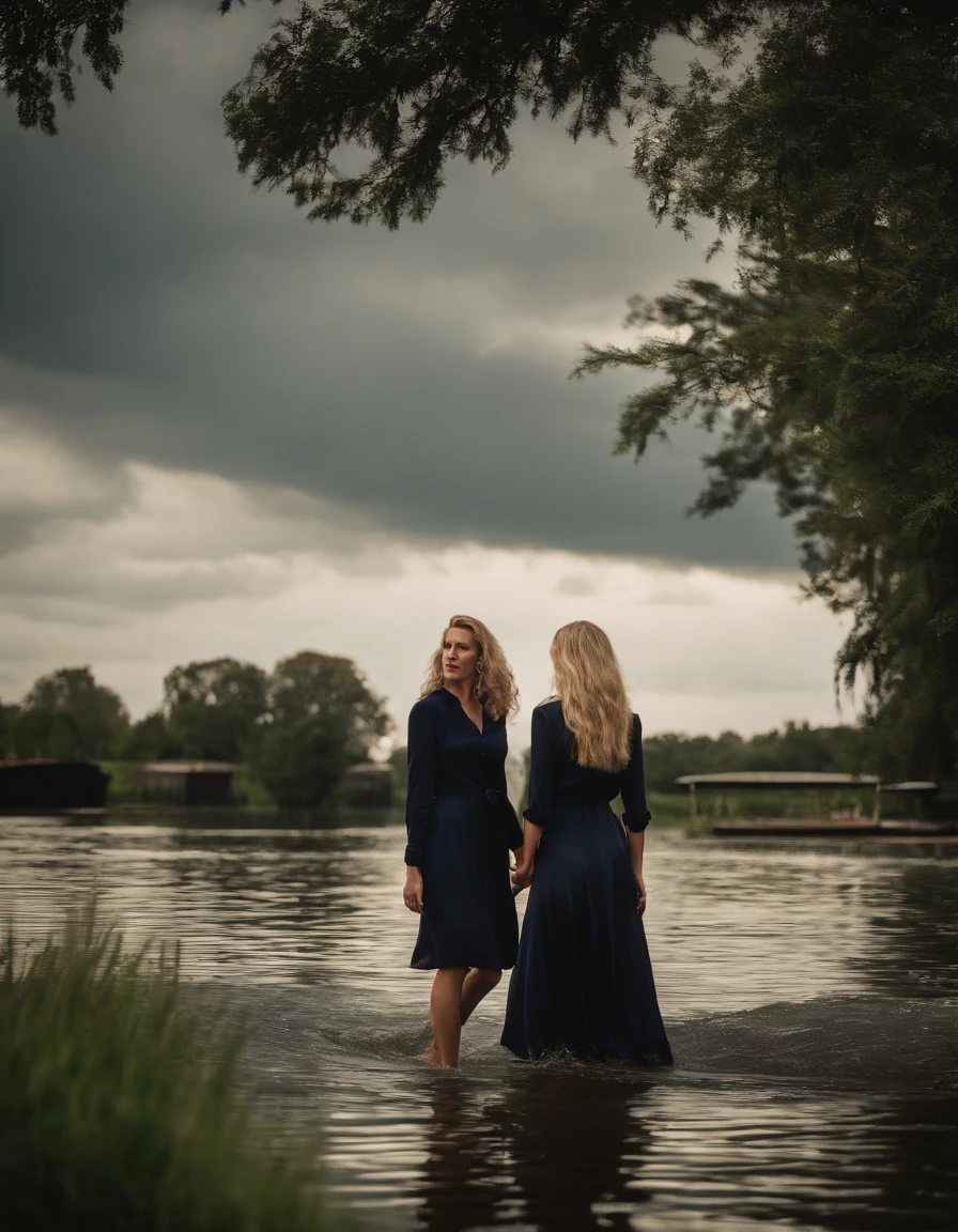 A beautiful soaked woman with long drenched blonde hair wearing navy business suit with black satin blouse together with her friend in black satin long shirtdress . They are comming out of deep water near a small floating dock . Green grass, some trees, a boat, an old man