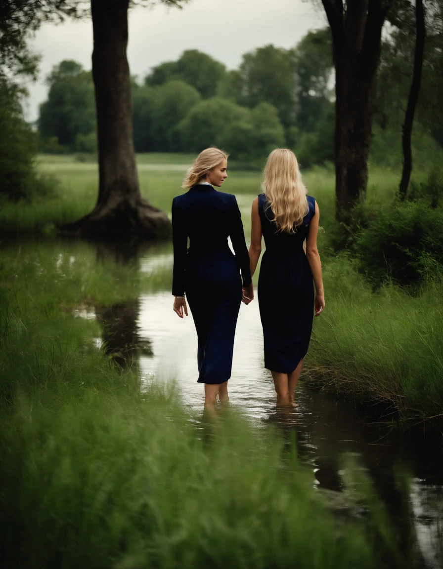 A beautiful soaked woman with long drenched blonde hair wearing navy business suit with black satin blouse together with her friend in black satin long shirtdress . They are comming out of deep water near a small floating dock . Green grass, some trees, a boat, an old man