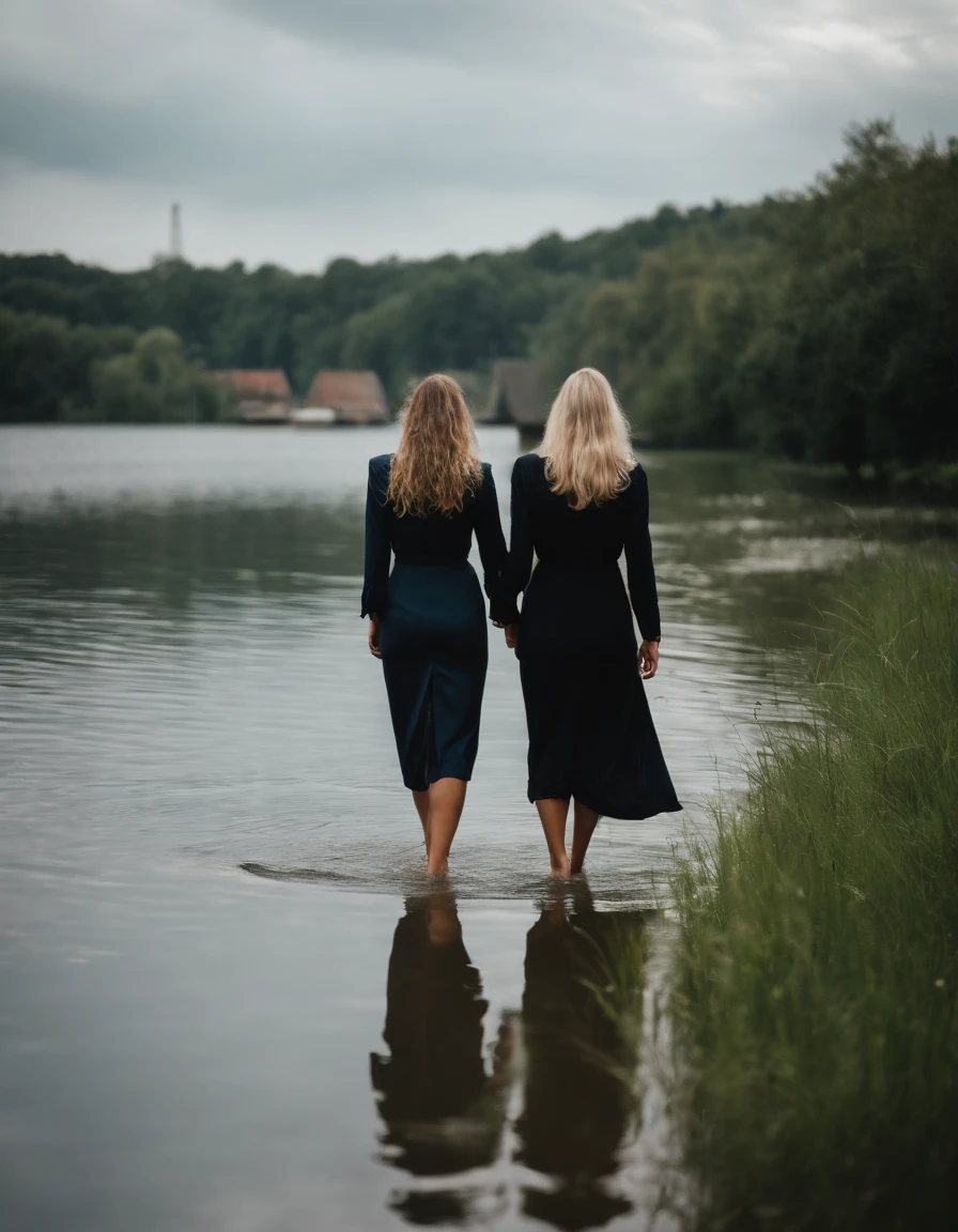 A beautiful soaked woman with long drenched blonde hair wearing navy business suit with black satin blouse together with her friend in black satin long shirtdress . They are comming out of deep water near a small floating dock . Green grass, some trees, a boat, an old man