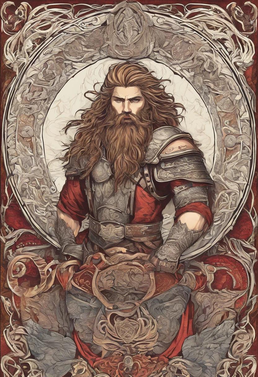 Tall viking man, detailed armor, old engraved leather Cuirass, intricate designs on the Cuirass, intricate Cuirass engravings, imposing and powerful stance, fierce expression, red wild mane braided hair and beard, dynamic pose, intense battle scene, fantasy setting, vibrant colors, dramatic lighting, epic atmosphere, mythical creatures in the background, sword and viking shield, attention to anatomy and facial features, iconic use of highlights and shadows, capturing emotion, masterful composition