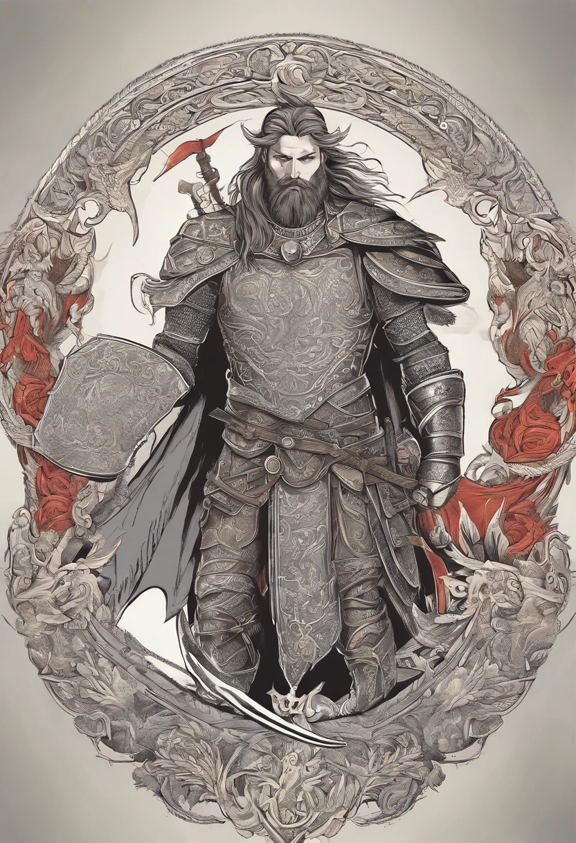 Tall viking man, detailed armor, old engraved leather Cuirass, intricate designs on the Cuirass, intricate Cuirass engravings, imposing and powerful stance, fierce expression, red wild mane braided hair and beard, dynamic pose, intense battle scene, fantasy setting, vibrant colors, dramatic lighting, epic atmosphere, mythical creatures in the background, sword and viking shield,  attention to anatomy and facial features, iconic use of highlights and shadows, capturing emotion, masterful composition