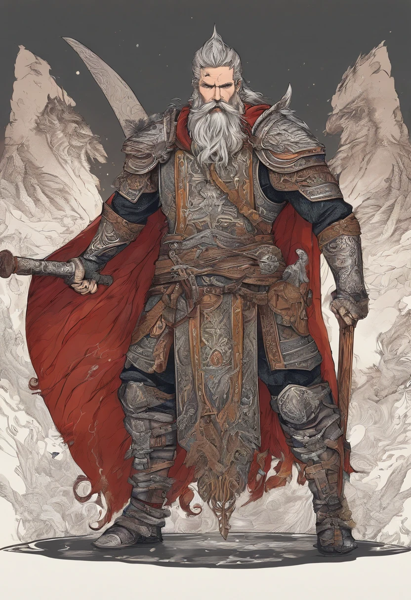 Tall viking man, detailed armor, old engraved leather Cuirass, intricate designs on the Cuirass, intricate Cuirass engravings, imposing and powerful stance, fierce expression, red wild mane braided hair and beard, dynamic pose, intense battle scene, fantasy setting, vibrant colors, dramatic lighting, epic atmosphere, mythical creatures in the background, sword and viking shield,  attention to anatomy and facial features, iconic use of highlights and shadows, capturing emotion, masterful composition