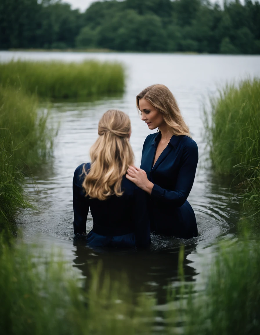 A beautiful soaked woman with long drenched blonde hair wearing navy business suit with black satin blouse together with her friend in black satin long shirtdress . They are comming out of deep water near a small floating dock . waist deep in water. Green grass, some trees, a boat, an old man