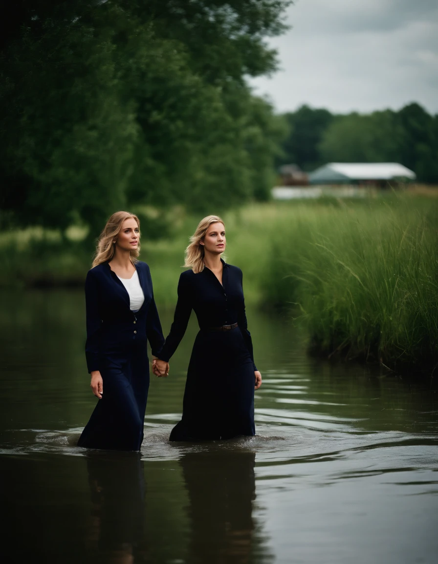 A beautiful soaked woman with long drenched blonde hair wearing navy business suit with black satin blouse together with her friend in black satin long shirtdress . They are comming out of deep water near a small floating dock . waist deep in water. Green grass, some trees, a boat, an old man