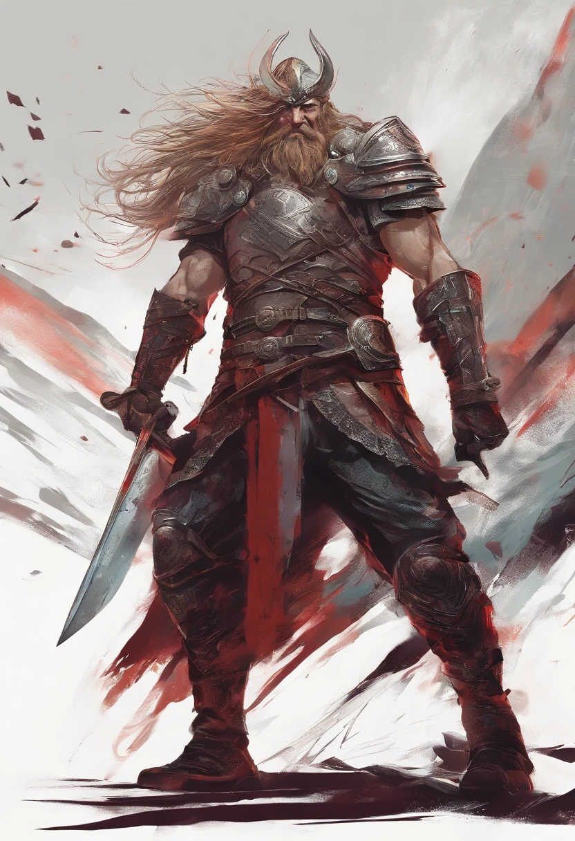 Tall viking man, detailed armor, old engraved leather Cuirass, intricate designs on the Cuirass, intricate Cuirass engravings, imposing and powerful stance, fierce expression, red wild mane braided hair and beard, dynamic pose, intense battle scene, fantasy setting, vibrant colors, dramatic lighting, epic atmosphere, mythical creatures in the background, sword and viking shield, attention to anatomy and facial features, iconic use of highlights and shadows, capturing emotion, masterful composition