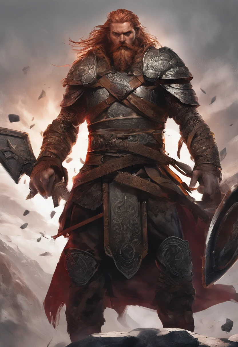 Tall viking man, detailed armor, old engraved leather Cuirass, intricate designs on the Cuirass, intricate Cuirass engravings, imposing and powerful stance, fierce expression, red wild mane braided hair and beard, dynamic pose, intense battle scene, fantasy setting, vibrant colors, dramatic lighting, epic atmosphere, mythical creatures in the background, sword and viking shield, attention to anatomy and facial features, iconic use of highlights and shadows, capturing emotion, masterful composition