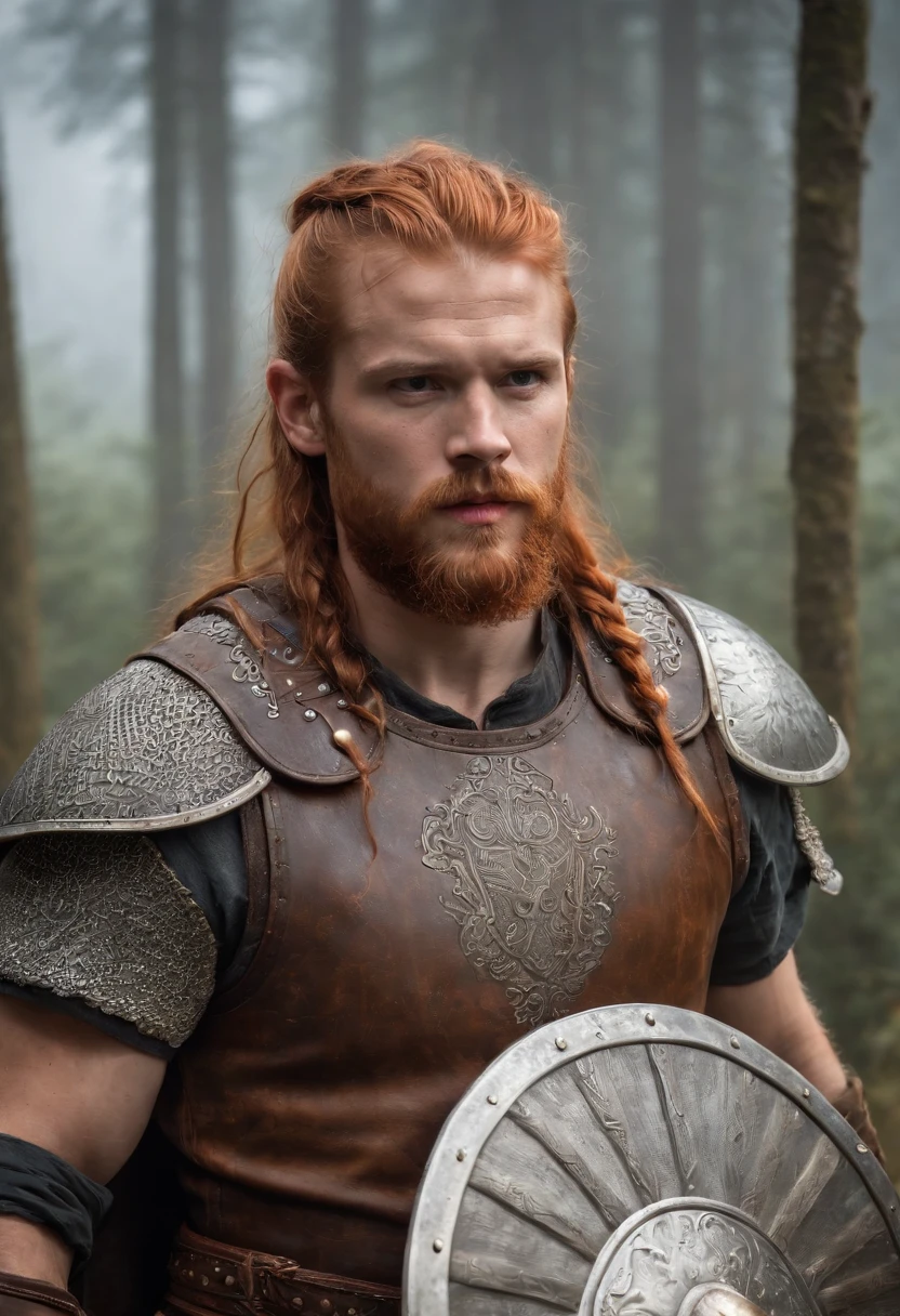 Tall viking man, detailed armor, old engraved leather Cuirass, intricate designs on the Cuirass, intricate Cuirass engravings, imposing and powerful stance, fierce expression, red wild mane braided hair and beard, dynamic pose, intense battle scene, fantasy setting, vibrant colors, dramatic lighting, epic atmosphere, mythical creatures in the background, sword and viking shield, attention to anatomy and facial features, iconic use of highlights and shadows, capturing emotion, masterful composition