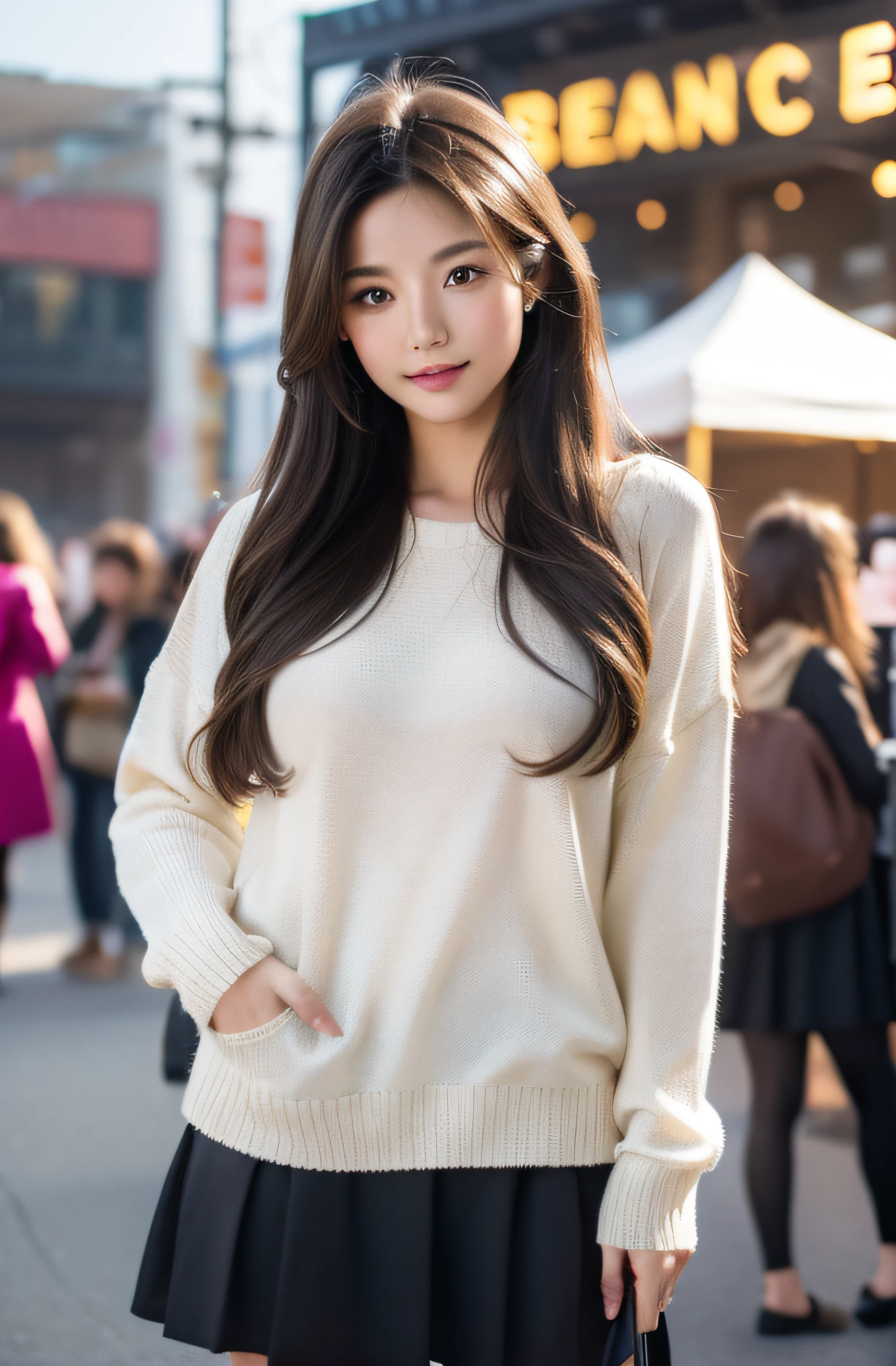 a girl in sweater and skirt, ((detailed)), festival setting, medium breasts, flirty, medium long hair, ((very detailed)), perfectly detailed face, detailed hand, photorealistic image.