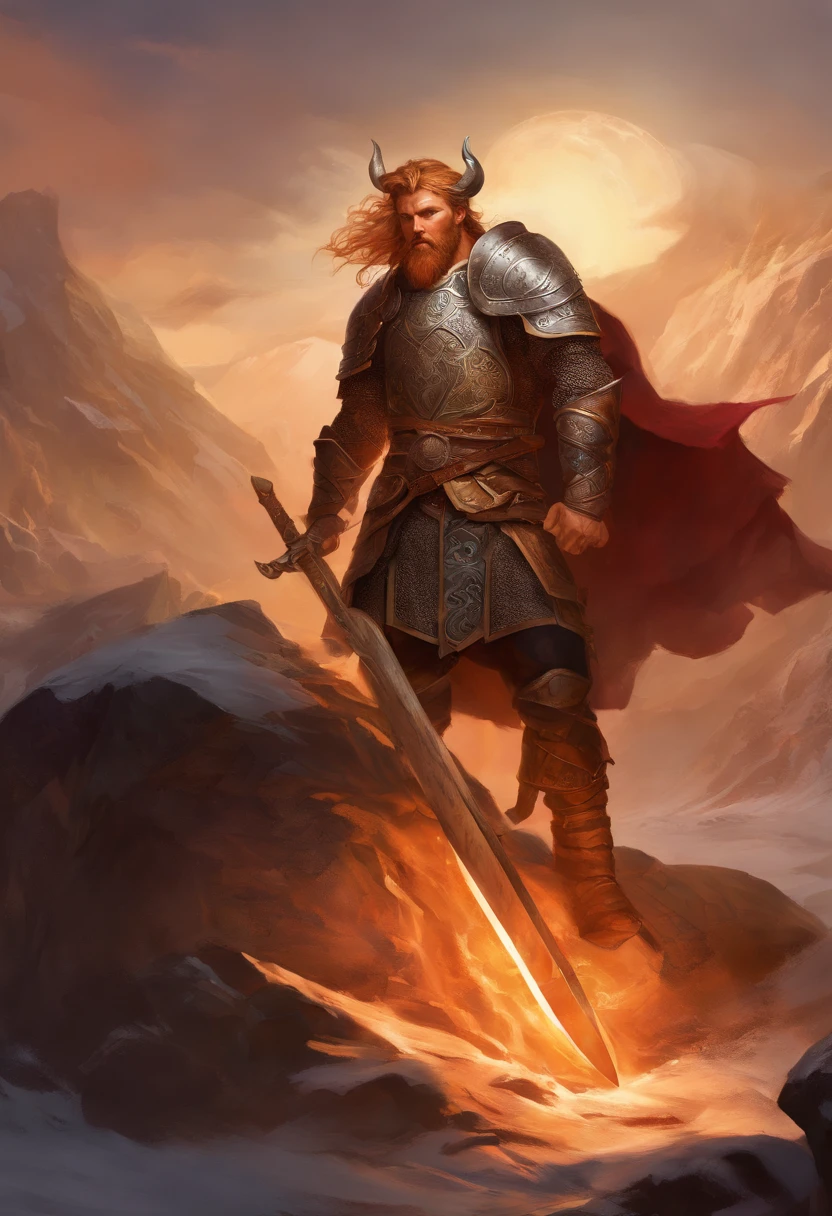 Tall viking man, detailed armor, old engraved leather Cuirass, intricate designs on the Cuirass, intricate Cuirass engravings, imposing and powerful stance, fierce expression, red wild mane braided hair and beard, dynamic pose, intense battle scene, fantasy setting, vibrant colors, dramatic lighting, epic atmosphere, mythical creatures in the background, sword and viking shield,  attention to anatomy and facial features, iconic use of highlights and shadows, capturing emotion, masterful composition