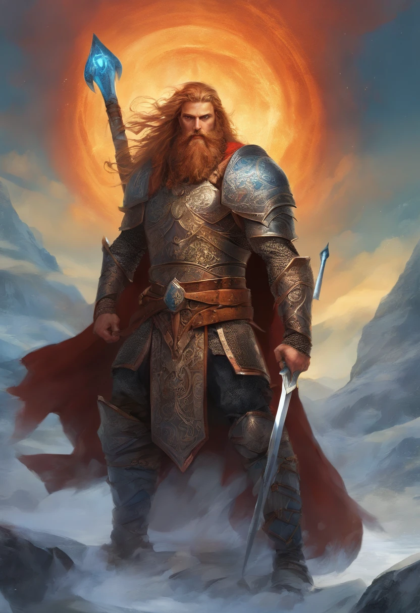 Tall viking man, detailed armor, old engraved leather Cuirass, intricate designs on the Cuirass, intricate Cuirass engravings, imposing and powerful stance, fierce expression, red wild mane braided hair and beard, dynamic pose, intense battle scene, fantasy setting, vibrant colors, dramatic lighting, epic atmosphere, mythical creatures in the background, sword and viking shield,  attention to anatomy and facial features, iconic use of highlights and shadows, capturing emotion, masterful composition