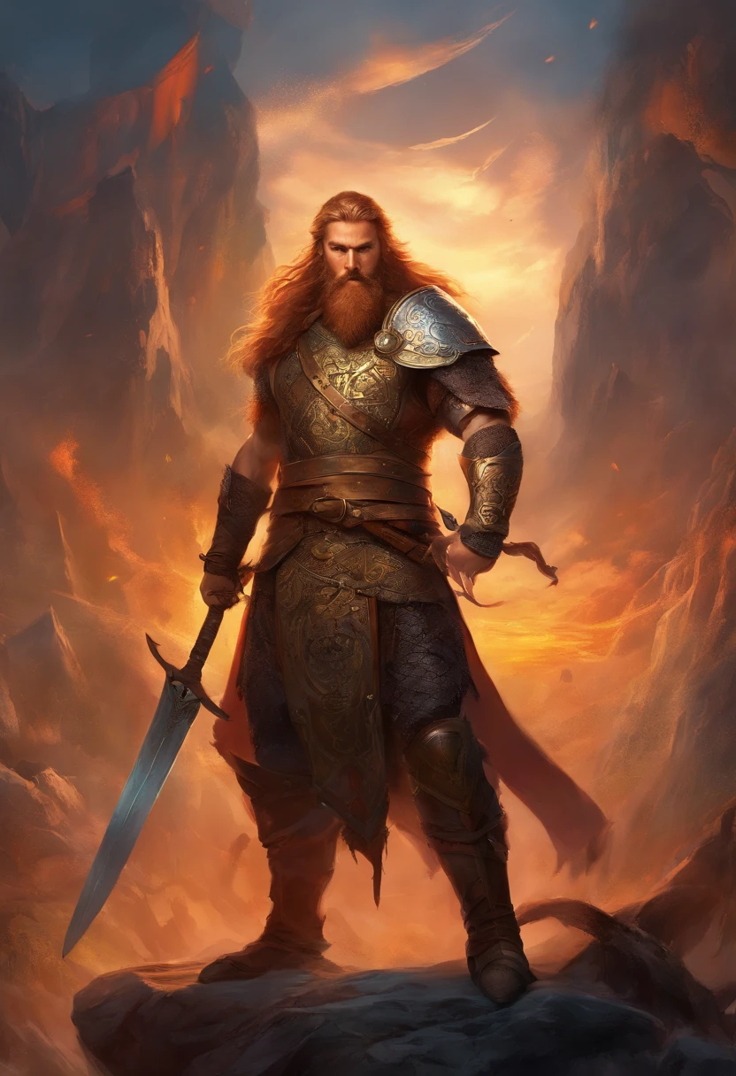 Tall viking man, detailed armor, old engraved leather Cuirass, intricate designs on the Cuirass, intricate Cuirass engravings, imposing and powerful stance, fierce expression, red wild mane braided hair and beard, dynamic pose, intense battle scene, fantasy setting, vibrant colors, dramatic lighting, epic atmosphere, mythical creatures in the background, sword and viking shield, attention to anatomy and facial features, iconic use of highlights and shadows, capturing emotion, masterful composition