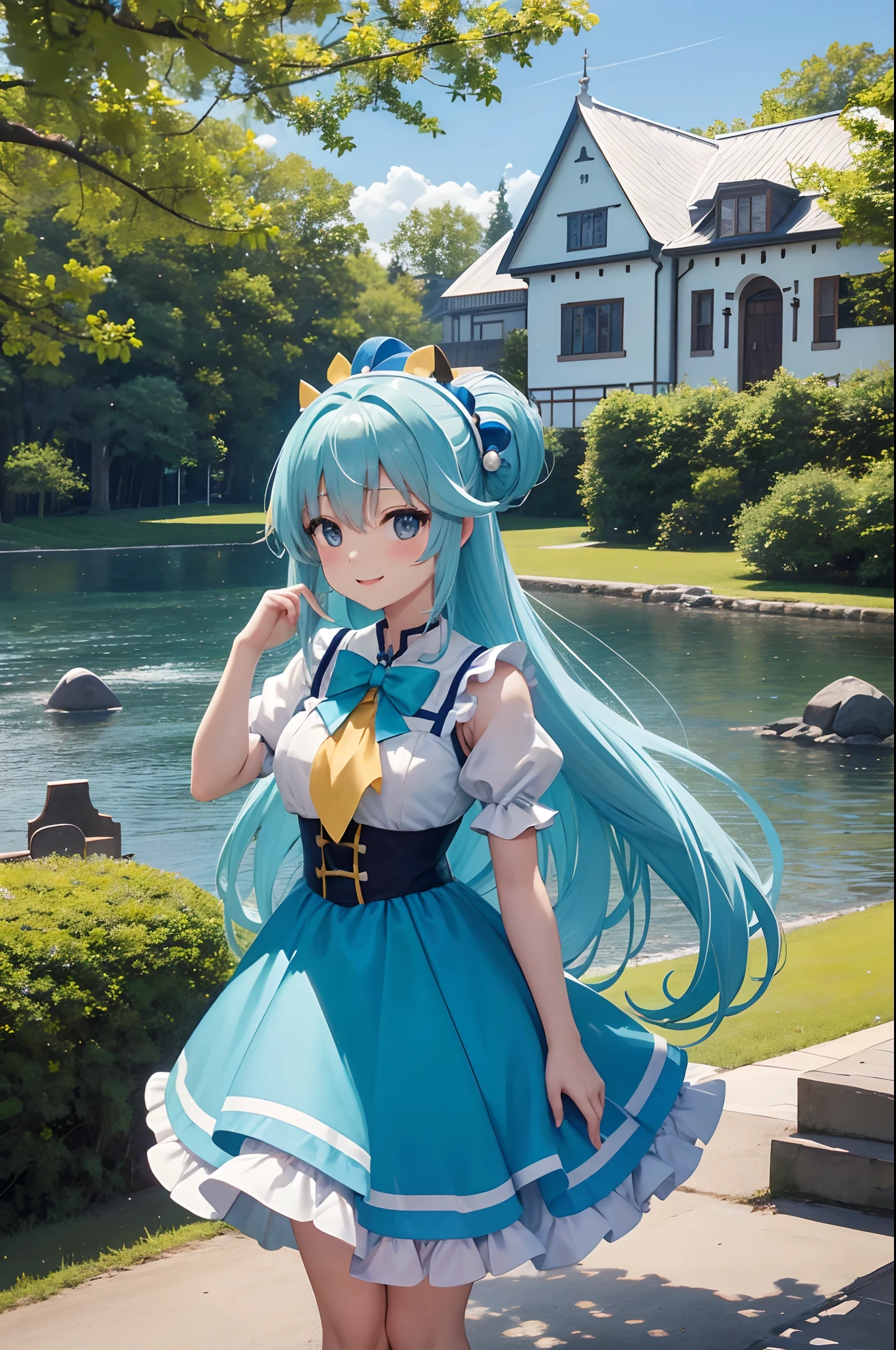 masterpiece, top-quality, Princess_aqua_Konosuba, Yellow dress, Black eyes, adorable smiling、Light blue long hair、Twin-tailed、 standingn, (borgar: 1.1), clouds, in woods、White castle by the lake、Near and far law、blue-sky