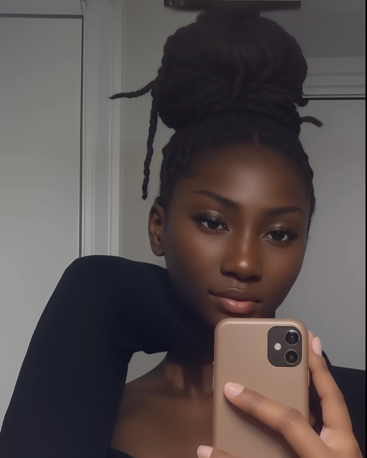 there is a woman taking a selfie in a mirror, selfie of a young woman, with brown skin, black young woman, photo of a black woman, young black woman, she has olive brown skin, dark skinned, dark skin tone, dark black skin tone, dark skin, black teenage girl, dark-skinned,anime style