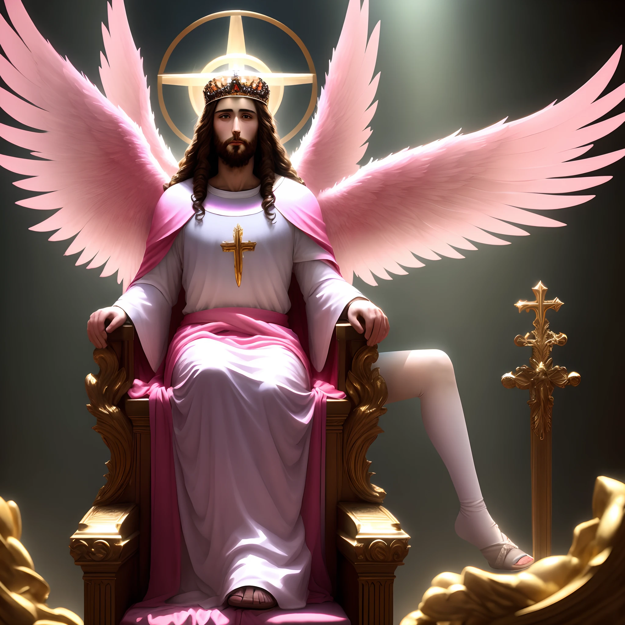 Jesus Christ sitting on a shining throne, Next to the bright-pink angels and huge wings